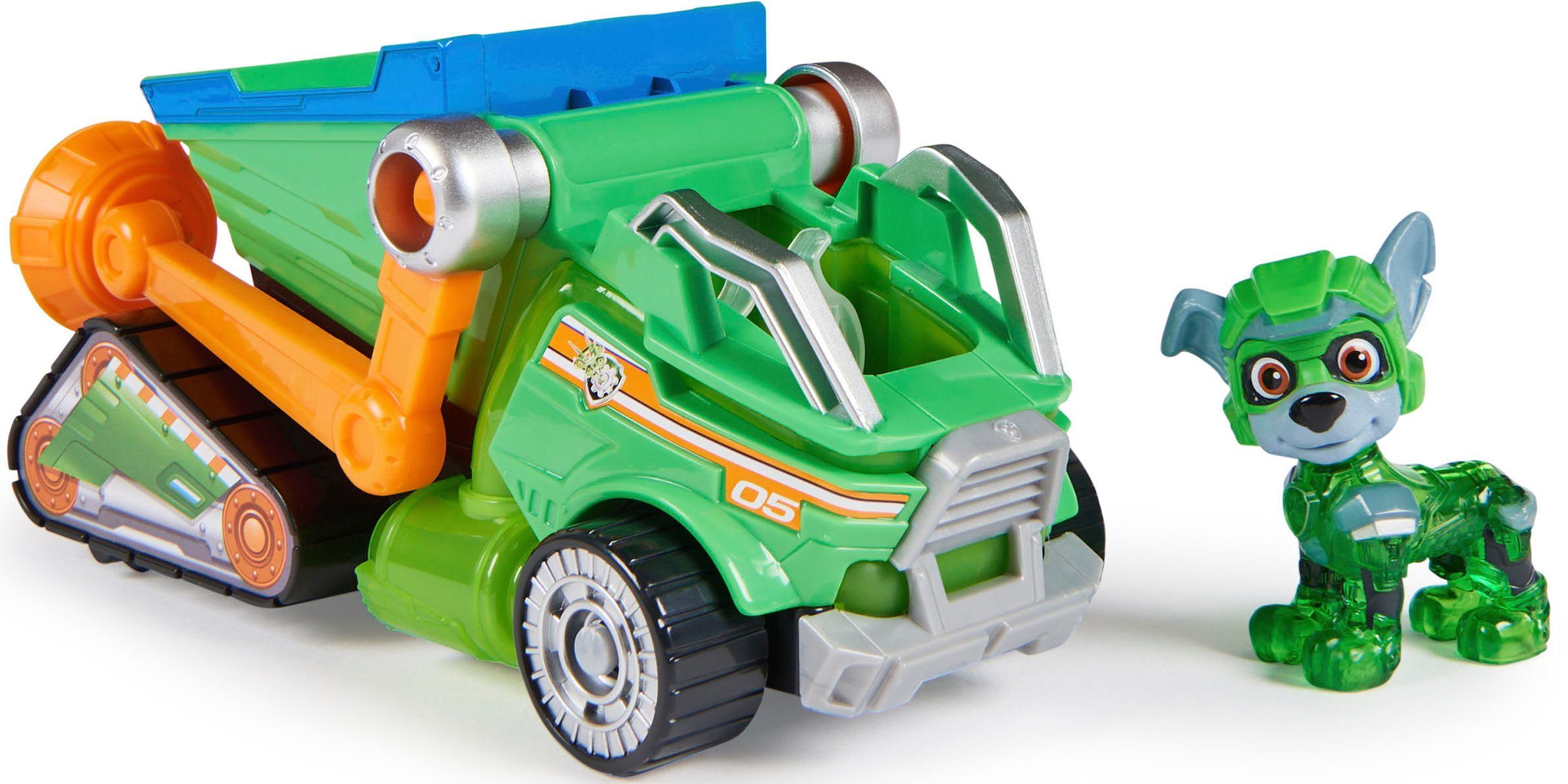 Spin Master Spielzeug-Auto PAW Patrol, Der Mighty Kinofilm: Superhelden-Basis-Fahrzeug von Rocky, Mülltransporter mit Welpenfigur, Licht- und Soundeffekt