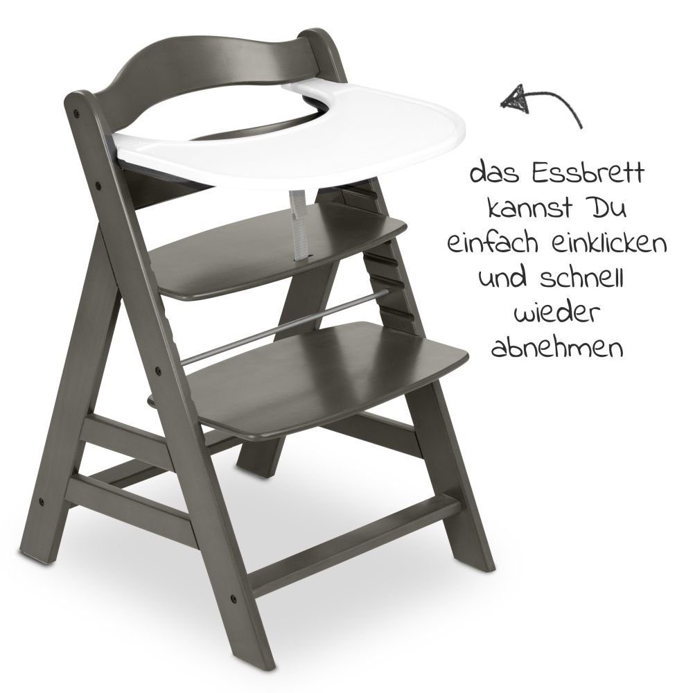 Hauck Hochstuhl Alpha Plus Charcoal, Holz Kinderhochstuhl mit Essbrett, Sitzkissen verstellbar, mitwachsend