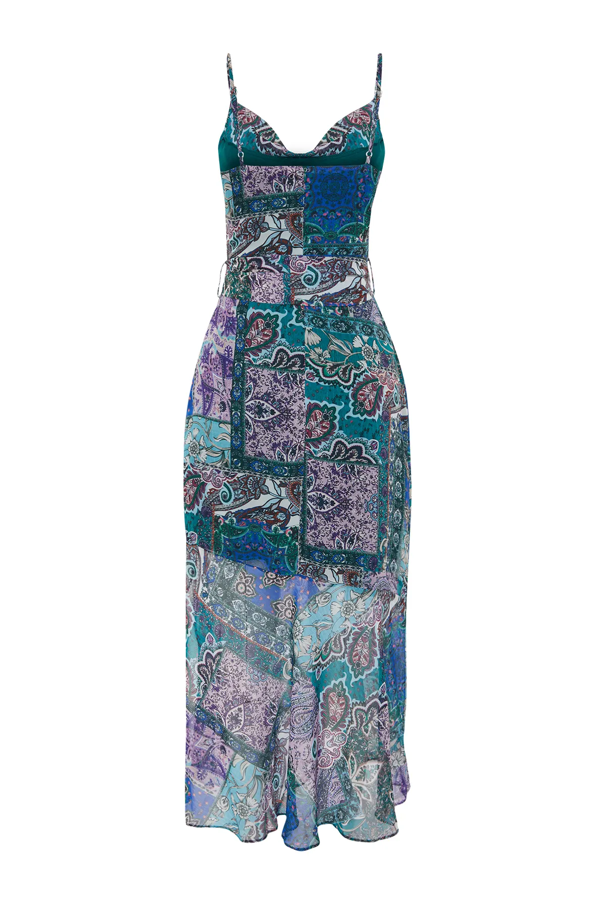 Trendyol Collection  A-Linien-Kleid aus lila Chiffon – Ethno-Muster, Gürtel, Quastendetail und Maxi-Futter TWOSS23EL01777