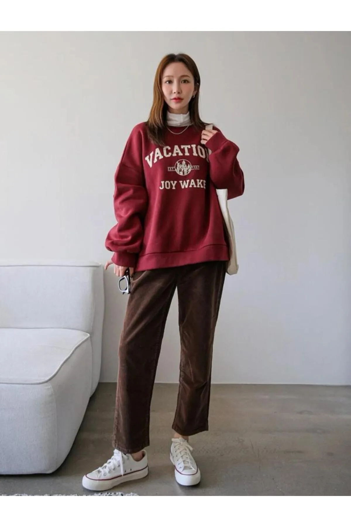 Know  Damen-Sweatshirt „Vacation Joy Wake“ in Burgunderrot, bedruckt, Oversize-Sweatshirt mit Rundhalsausschnitt