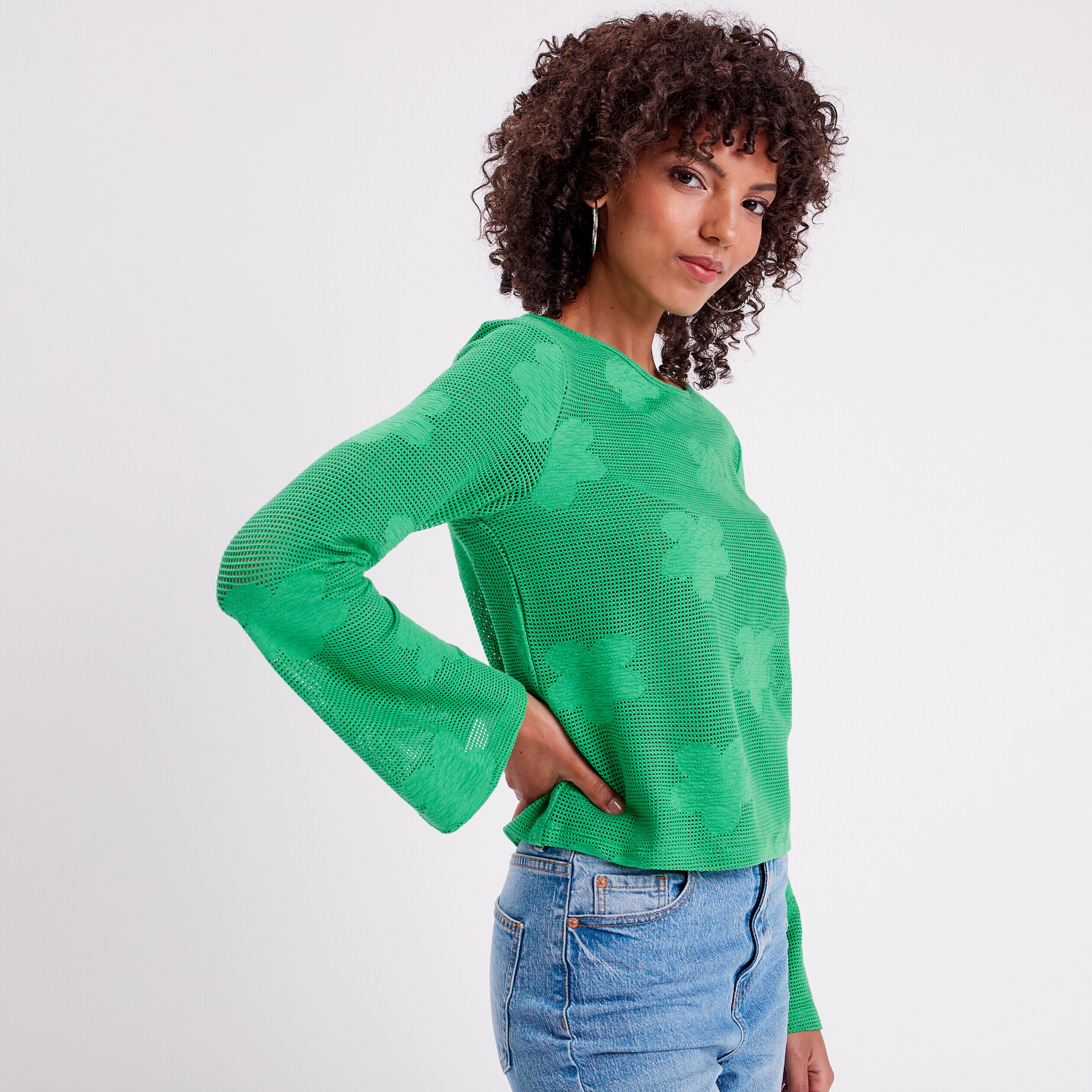 T-shirt crochet manches pagode vert femme | Cache Cache