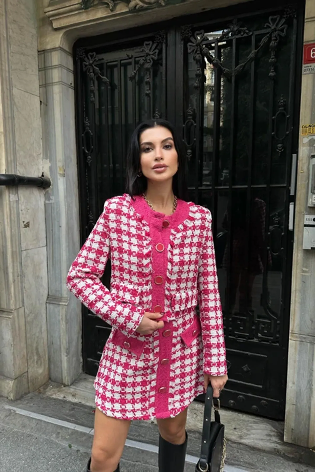 Laluvia  Fuchsia-Glockenrock-Jacken-Tweed-Anzug