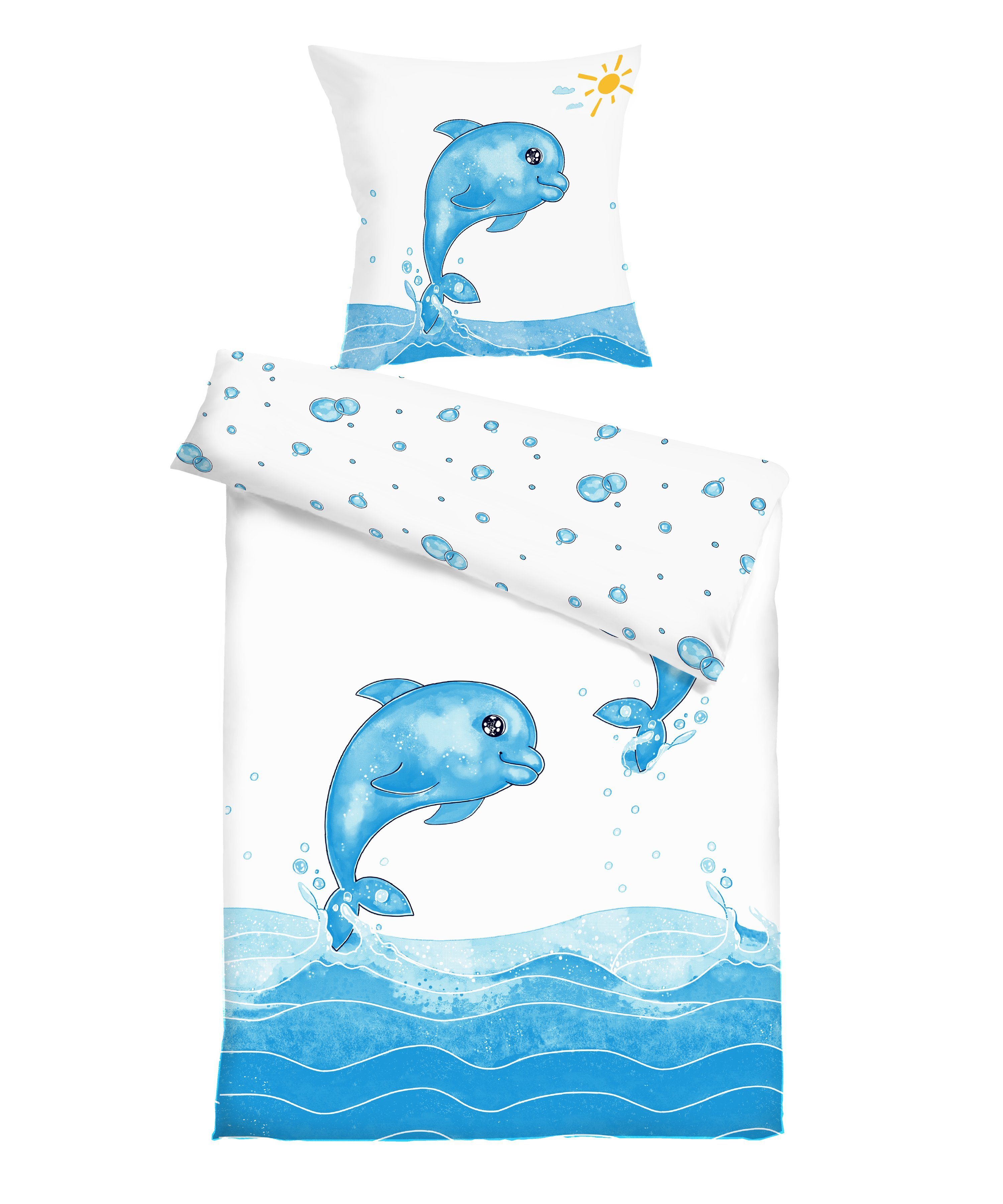 Kinderbettwäsche Wendebettwäsche Delfin, Koru Kids, 100%Baumwolle (Mako Satin), 2 teilig, als Kinderbettwäsche 135x200 oder Babybettwäsche 100x135