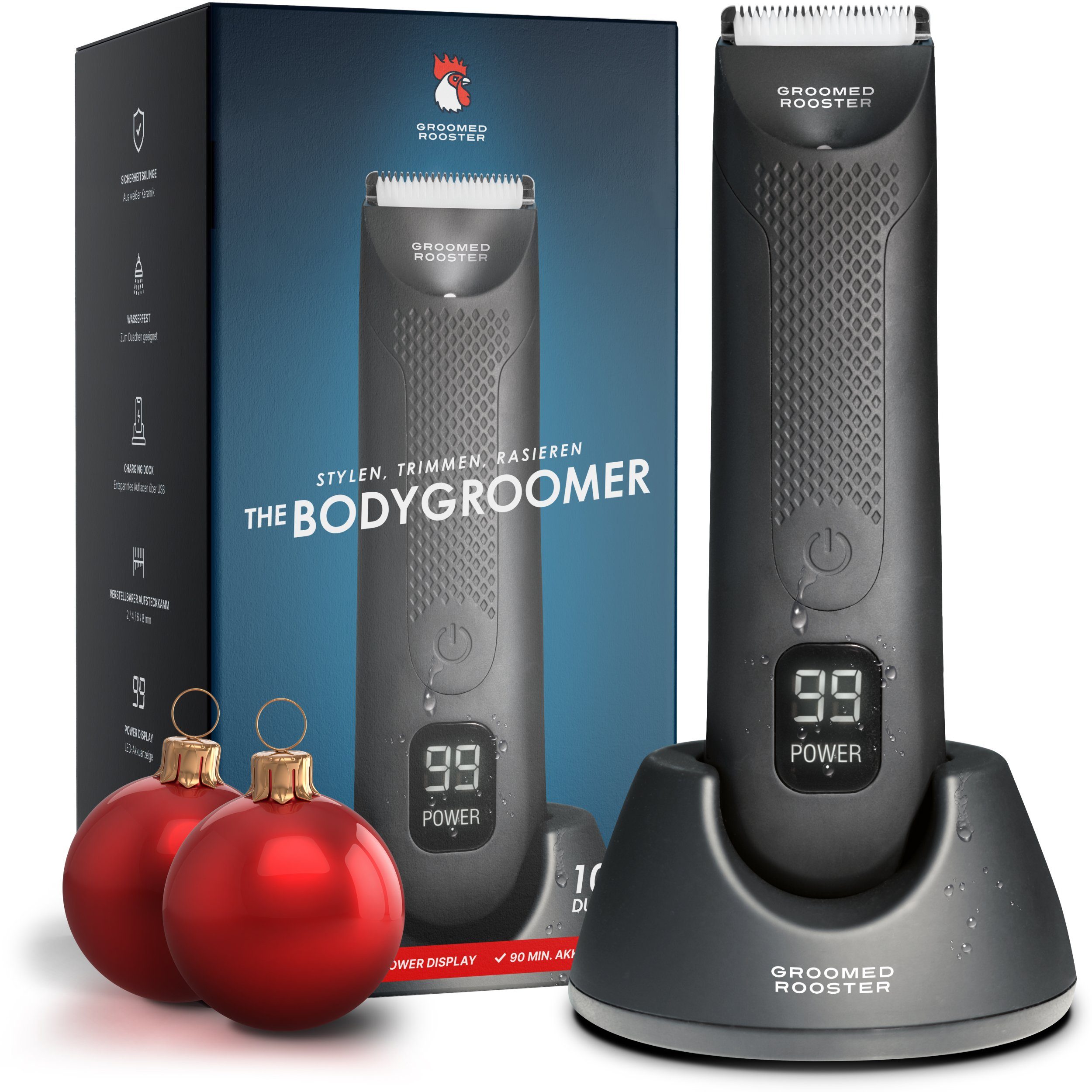 Groomed Rooster Elektrokörperrasierer The Bodygroomer – Intimrasierer, Körperrasierer & Trimmer, Aufsätze: 1, duschfest, 90 Min. Laufzeit, LED-Leuchte, 1,2,4,6,8 mm, Ladestation