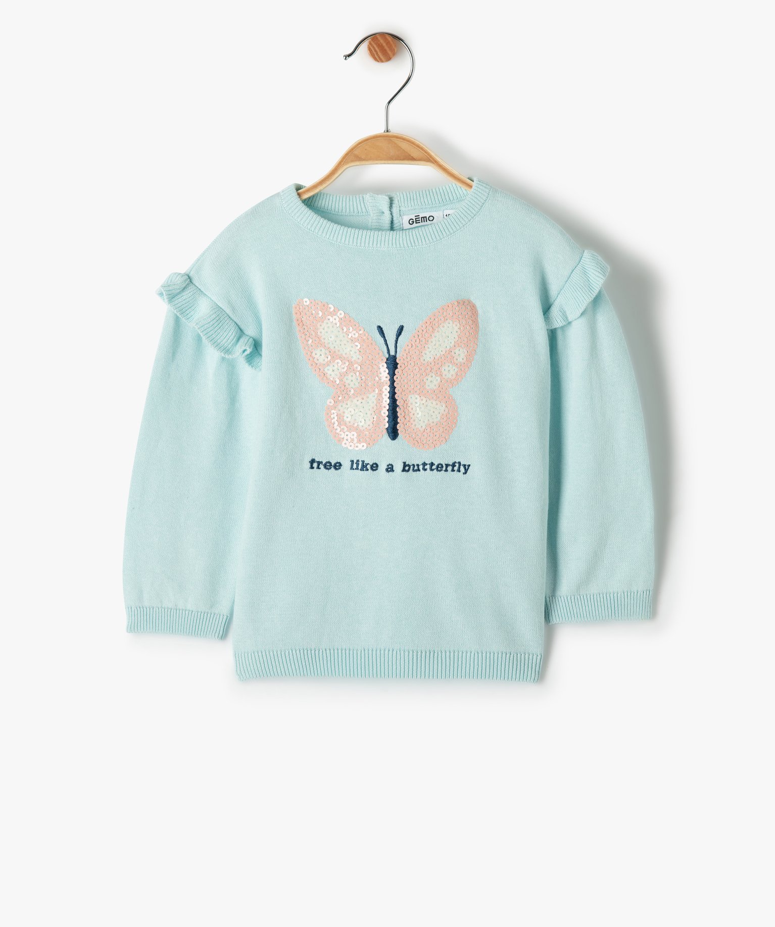Pull bébé fille avec motif à sequins et volants aux épaules bleu | GEMO