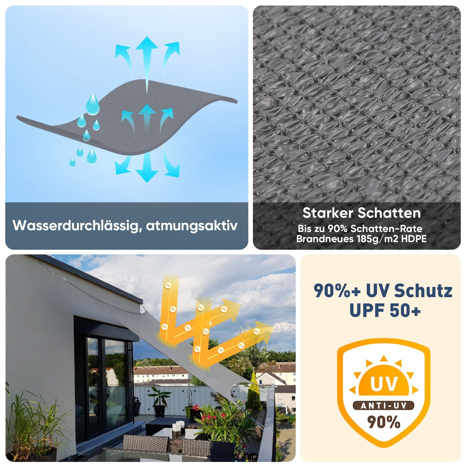 Sekey Sonnensegel Sonnensegel HDPE Sonnenschutzsegel mit Seilen