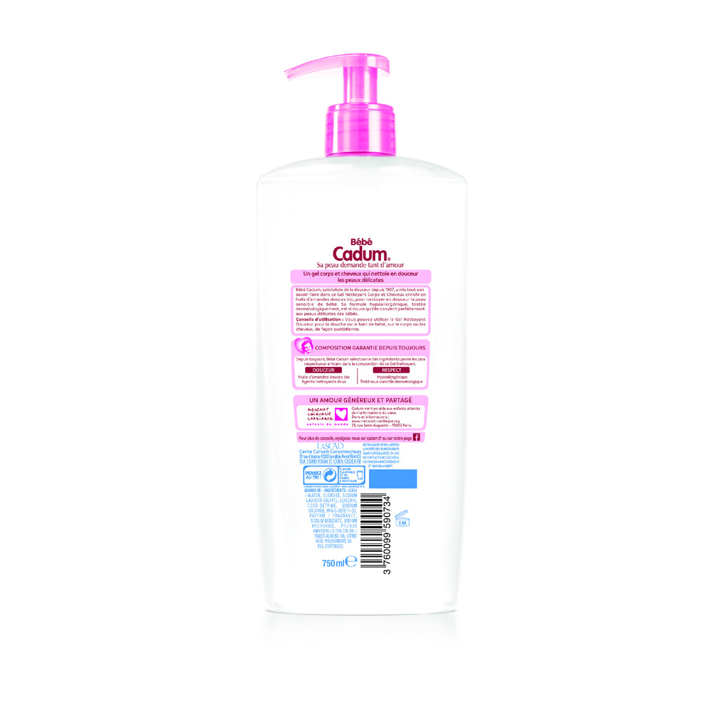 cadum Bébé Cadum Gel Nettoyant Corps et Cheveux à l'Huile d'Amandes Douces Bio pour Bébé