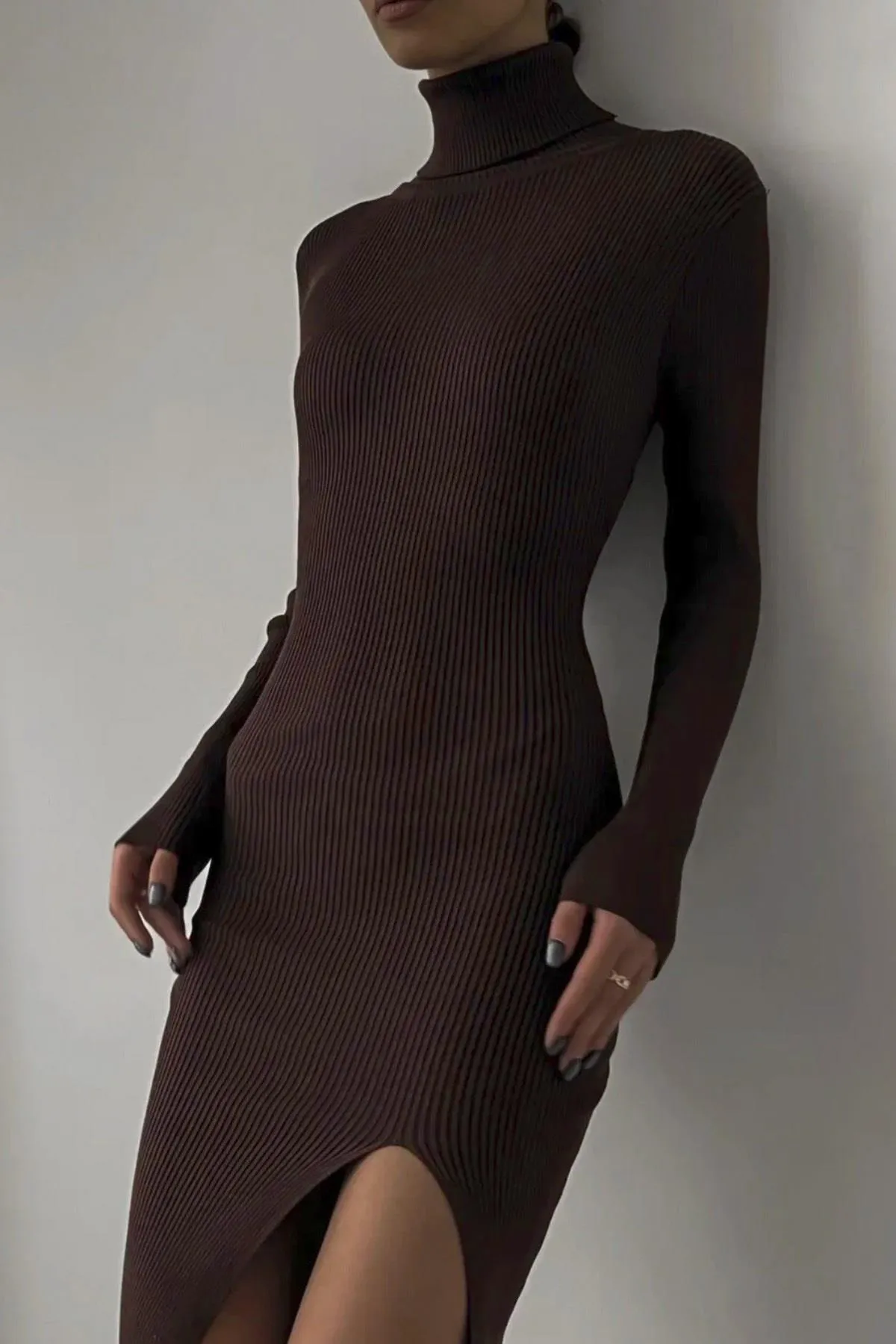 Madmext  Bitter Brown Rollkragen-Schlitz-Damenkleid Mg1735