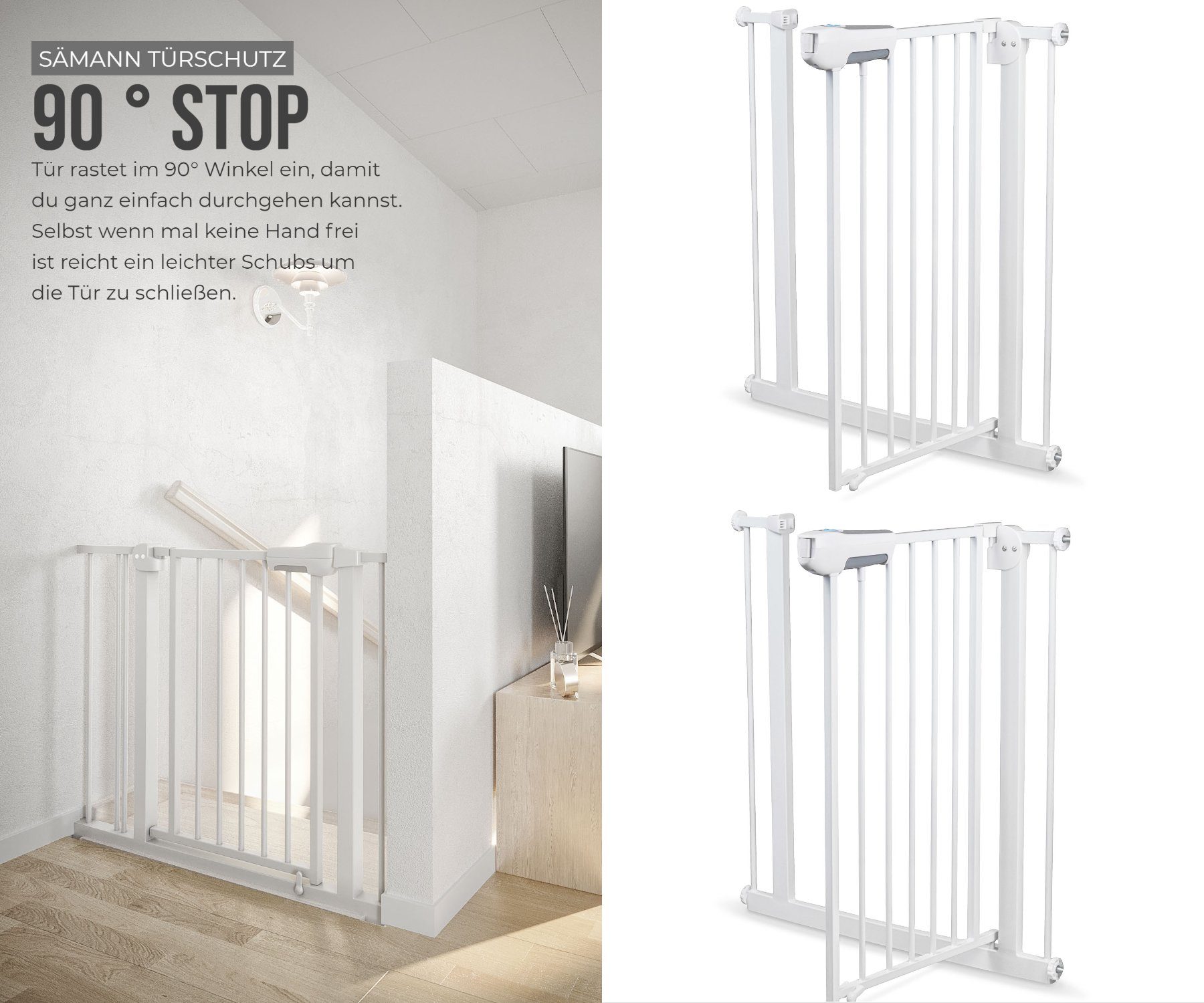 Sämann Türschutzgitter Sämann® Türschutz-/Treppenschutzgitter Stop and Go, 90° Stop, schließt automatisch, 3-Fach Sicherung, ohne Bohren