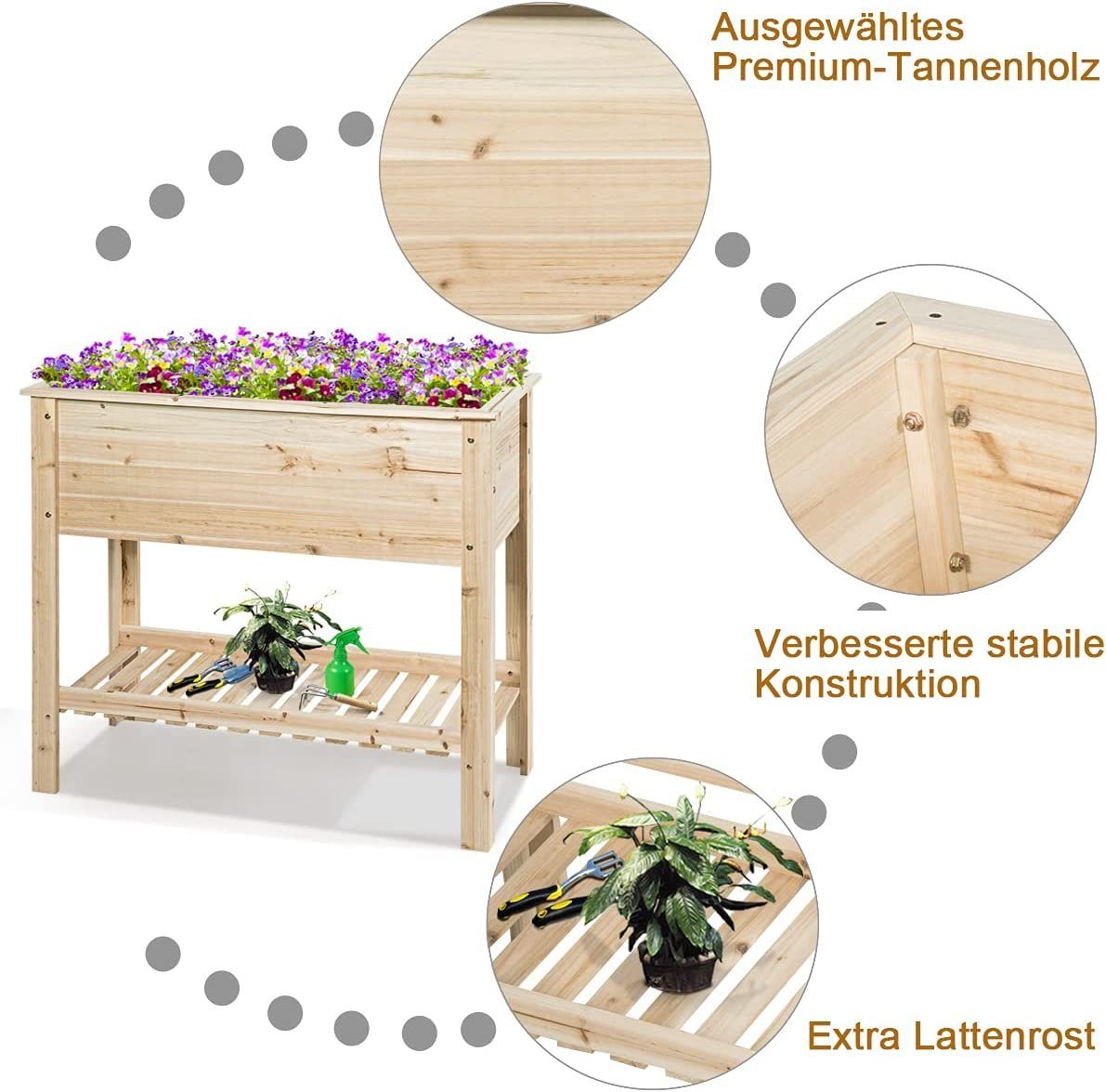 KOMFOTTEU Hochbeet Blumenkasten, 120cm × 55cm × 90cm, aus Tannenholz