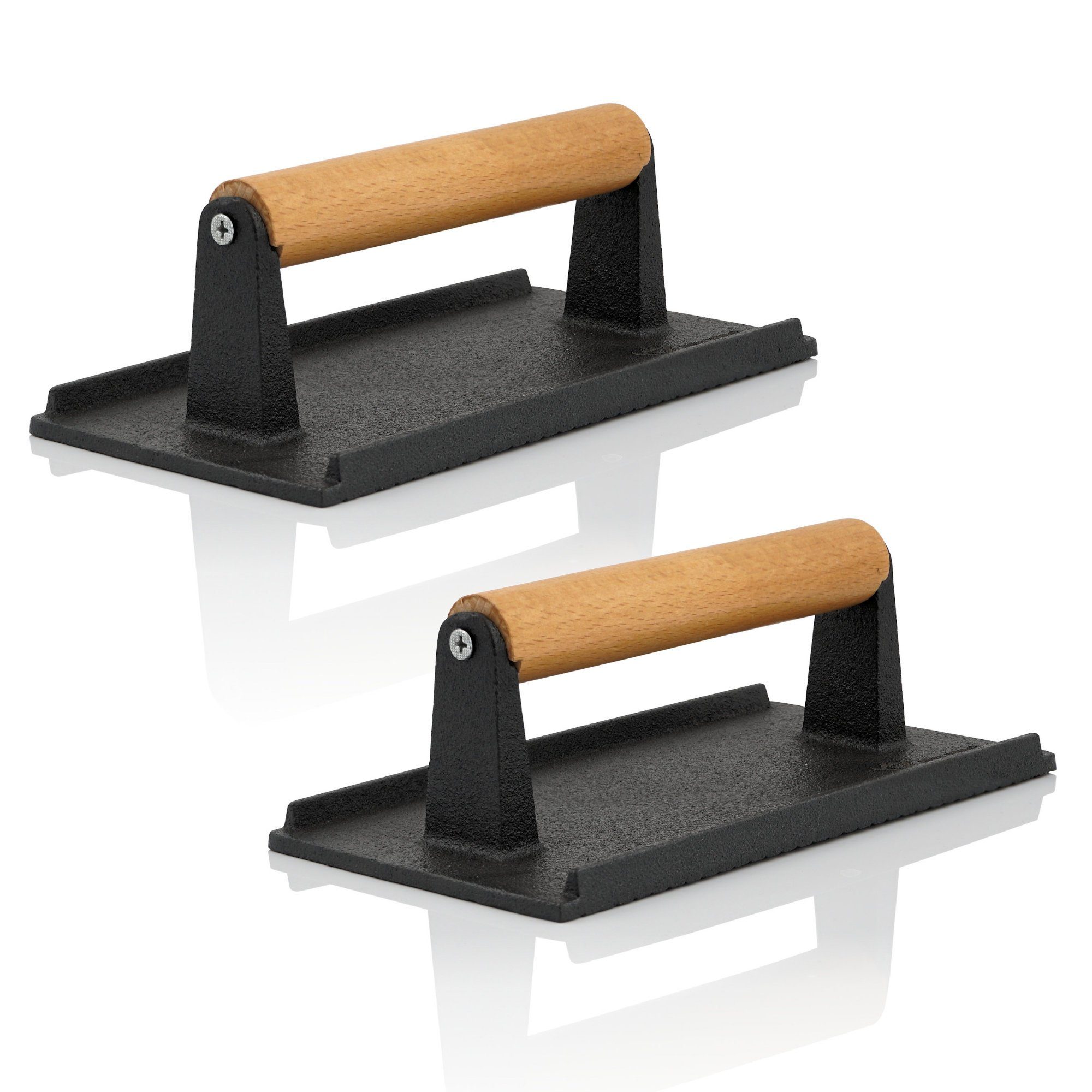BBQ-Toro Burgerpresse 2er Set Gusseisen Fleischbeschwerer, 1 kg Grillgewicht mit Holzgriff (2 St), Gusseisen