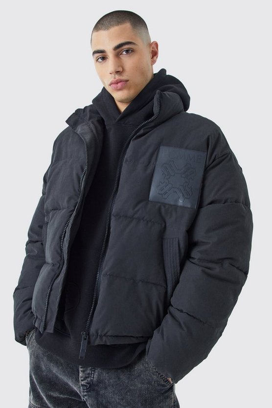 Kastige Oversize Nylon-Steppjacke mit PU-Aufnäher