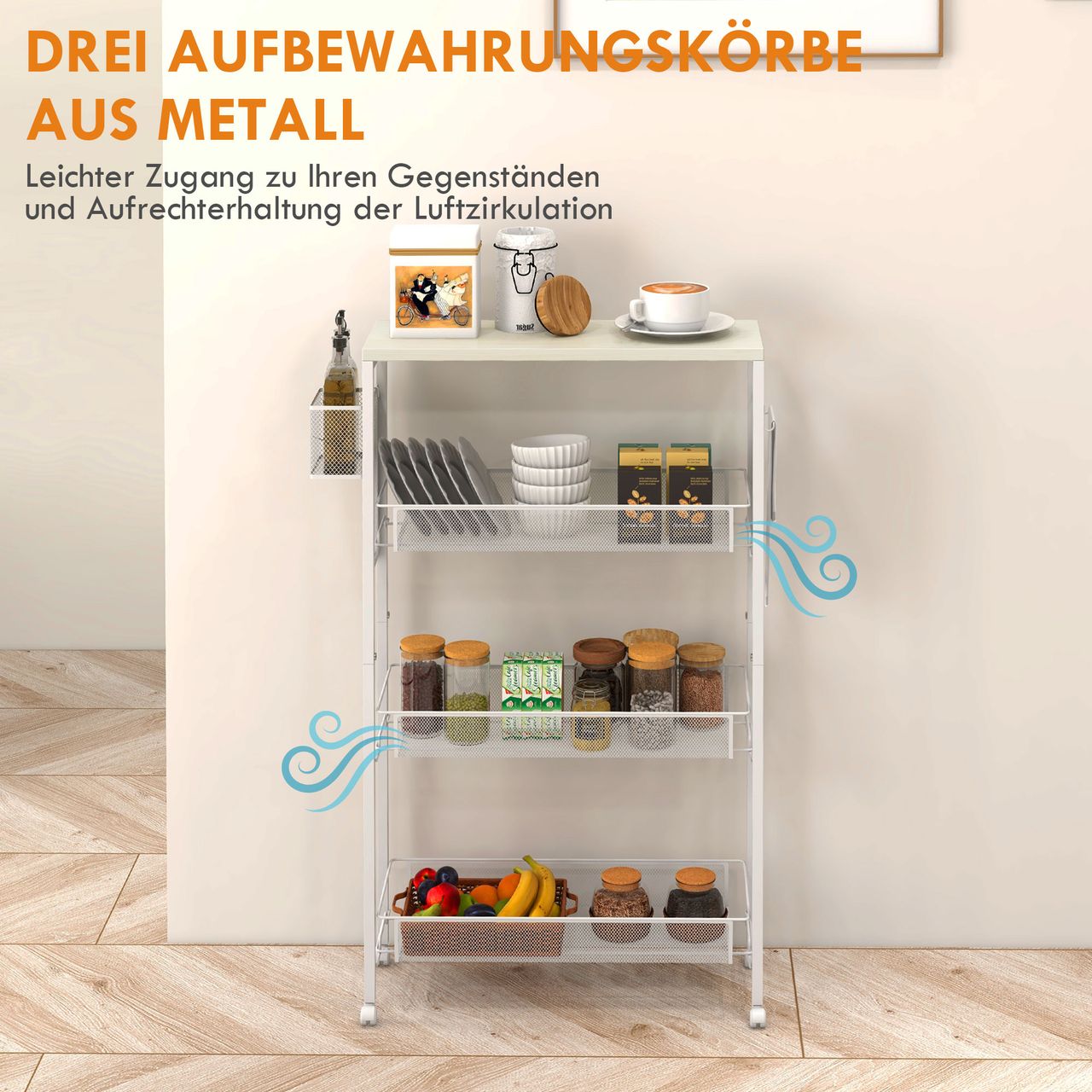 HOMCOM Küchenwagen mit 3 Ebenen, Servierwagen mit Korb, Rollwagen mit Haken