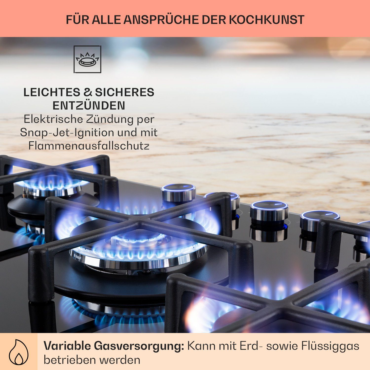 Klarstein Gas-Kochfeld Illuminosa 5 Gaskochfeld 5-flammig Sabaf-Brenner Glaskeramik CGCH6-Illuminosa-5, Gaskochfeld 5 flammen flammig Brenner Kochfeld