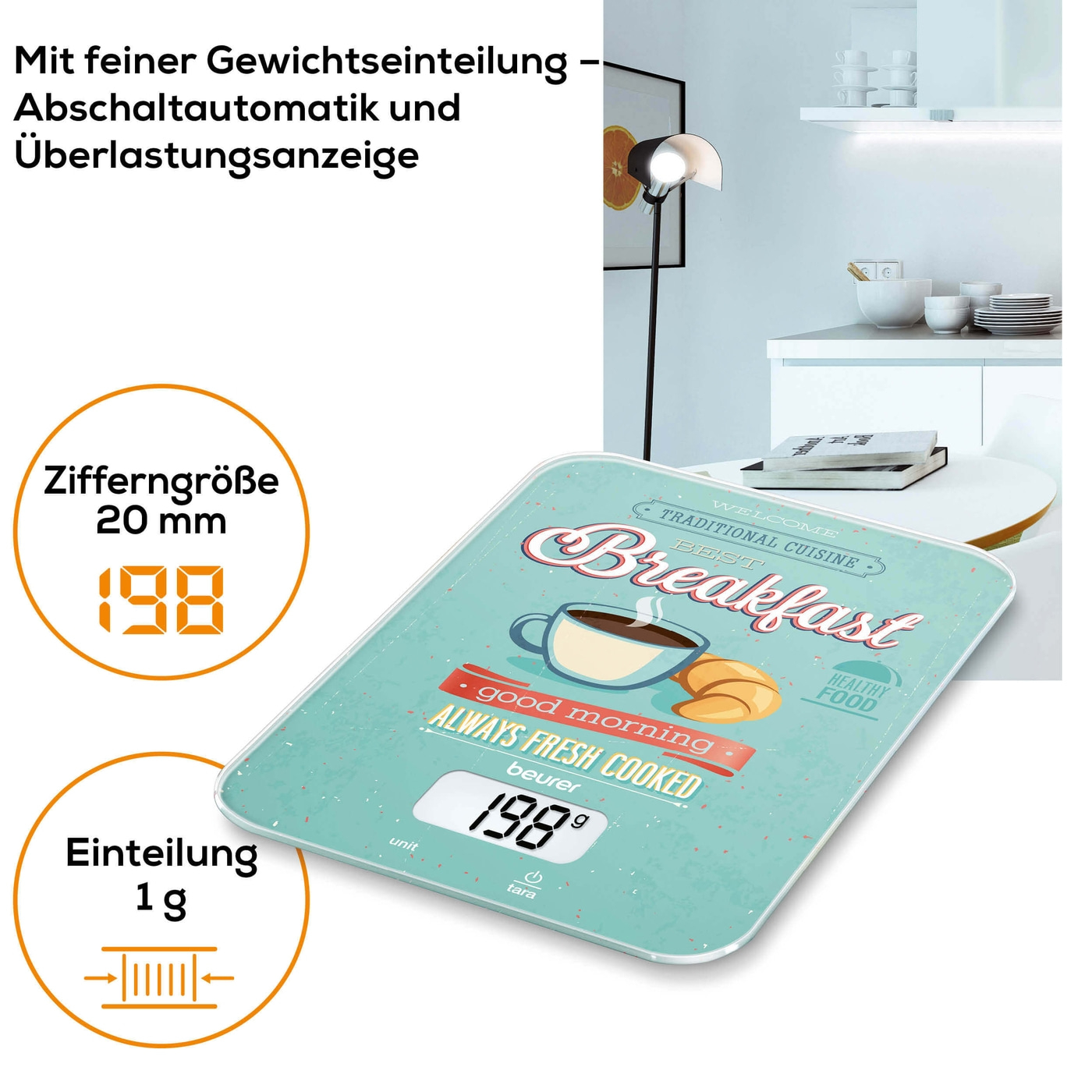 Beurer Küchenwaage KS 19 Breakfast-Küchenwaage mit stylischer Glasoberfläche & Tarafunktion