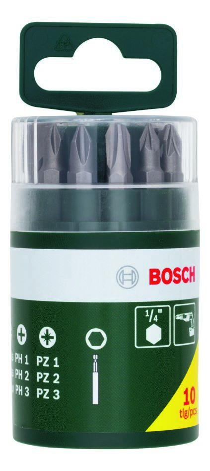 Accessoires verts Bosch 2607019454 Coffret de 10 embouts de tournevis L = 25 mm PH 1/2/3 PZ 1/2/3 SL 4,5/5,5/8
