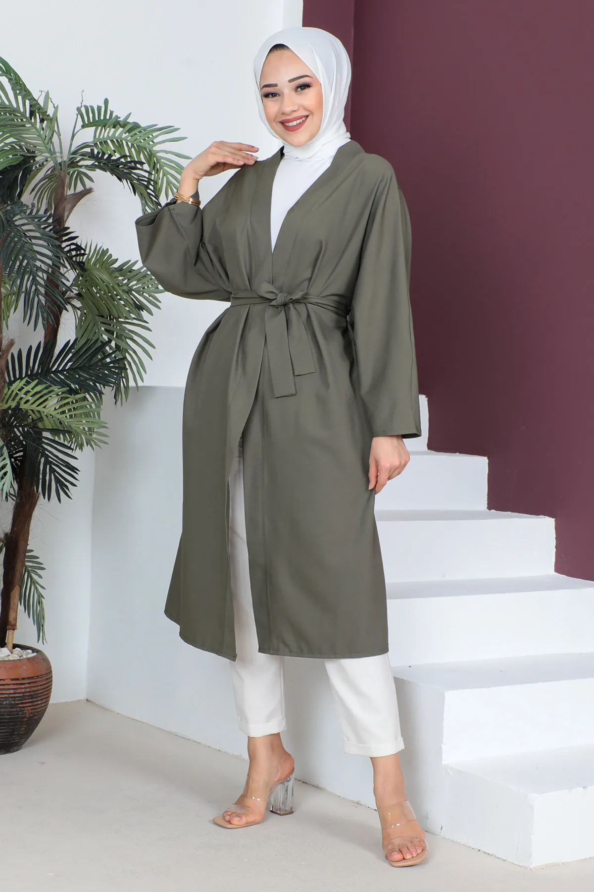 Tesettür Dünyası  Kimono mit Taillengürtel TSD230511 Khaki