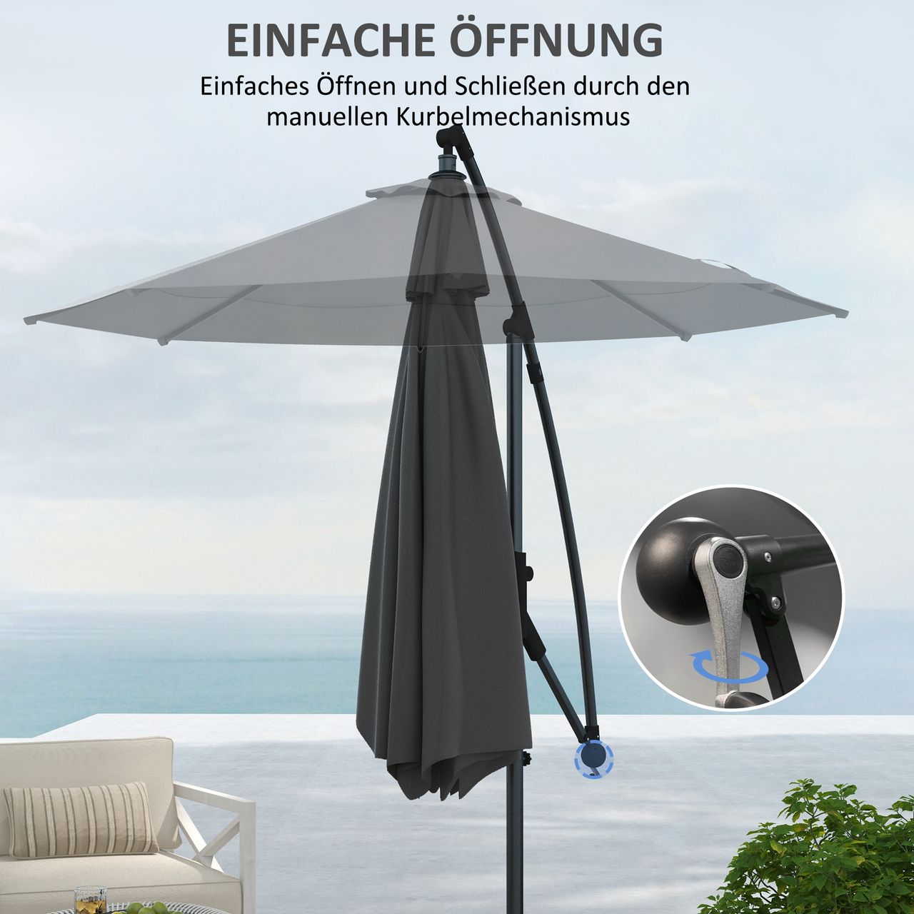 Outsunny Ø293cm Ampelschirm mit Kreuzfuß Sonnenschirm mit Kurbel für Garten Grau