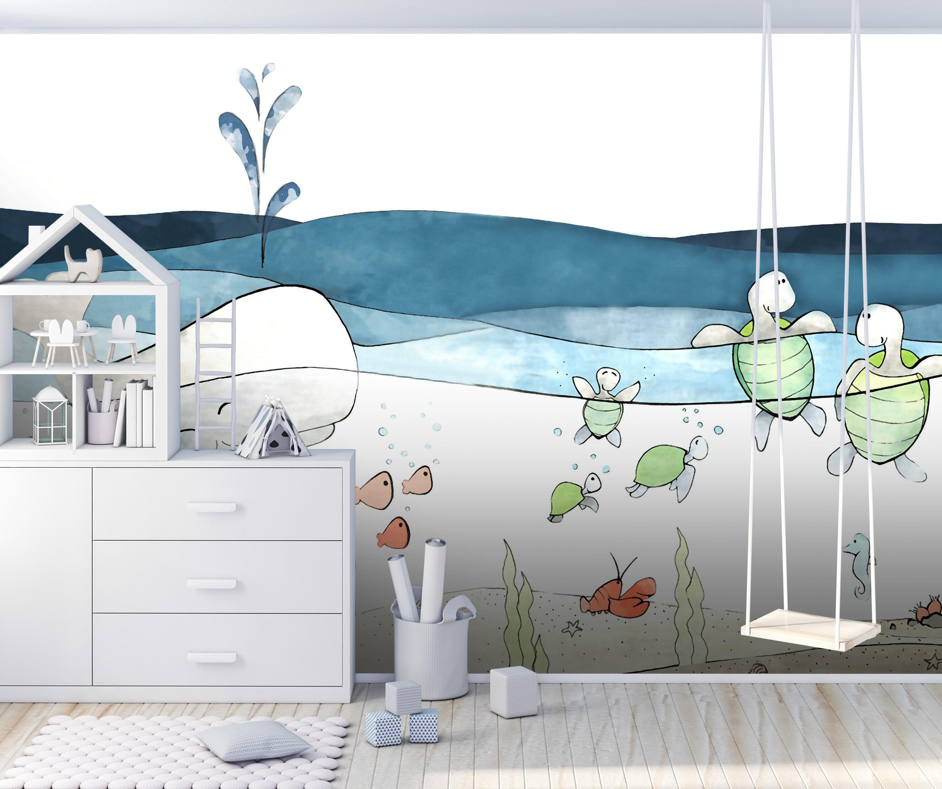 wandmotiv24 Fototapete Kinderzimmer Wasser Wal Schildkröte, glatt, Wandtapete, Motivtapete, matt, Vliestapete