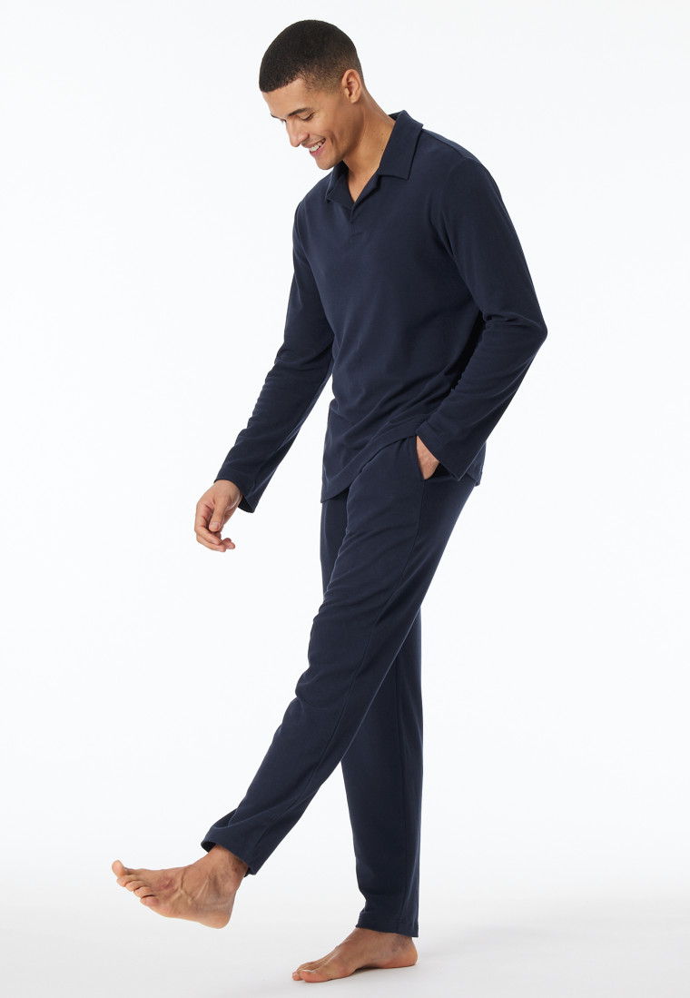 Schlafanzug lang Interlock Polokragen nachtblau - Selected Premium Warming
