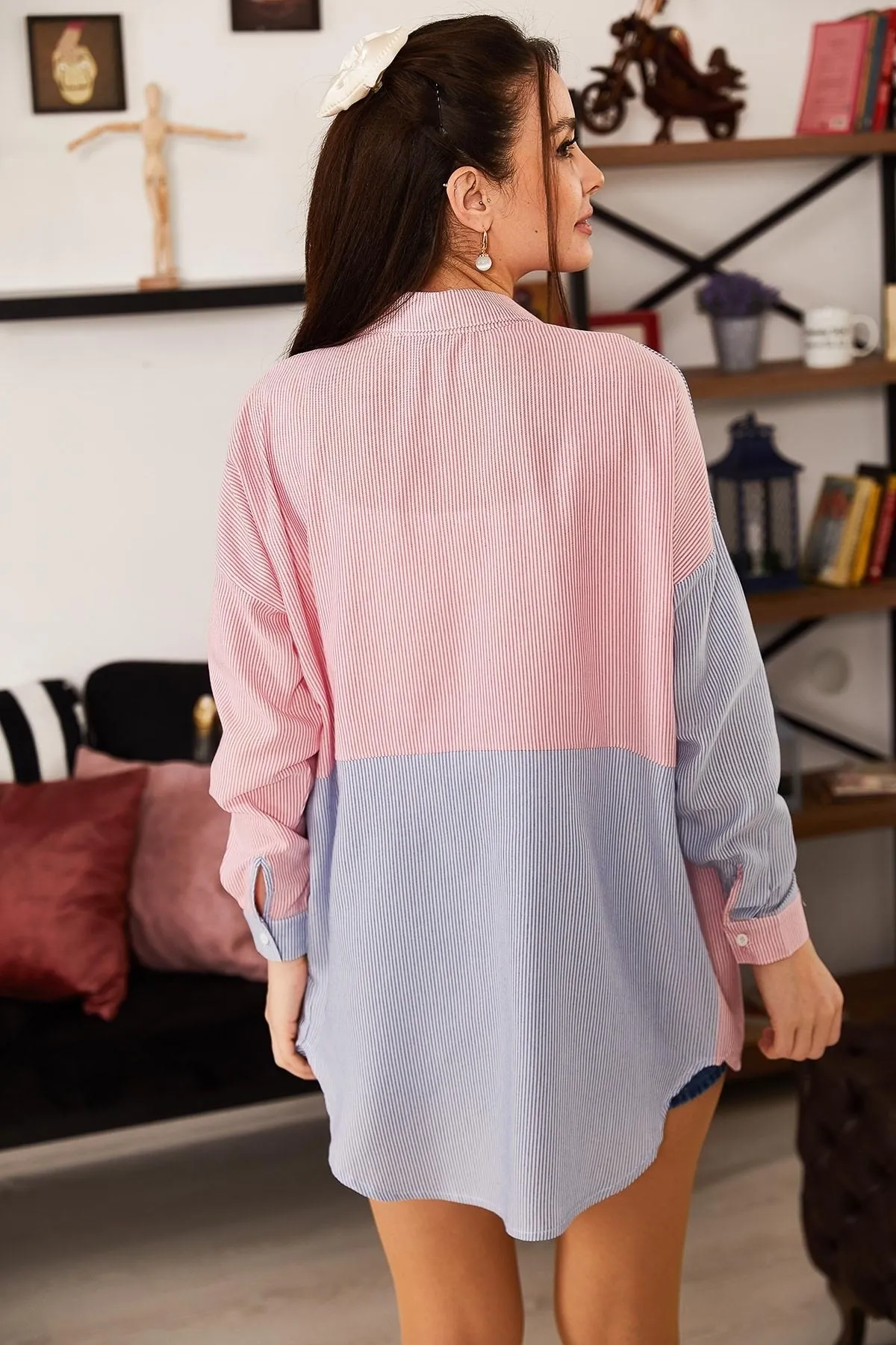 armonika  Blau gestreiftes zweifarbiges Langarm-Freizeithemd für Damen ARM-21K001193