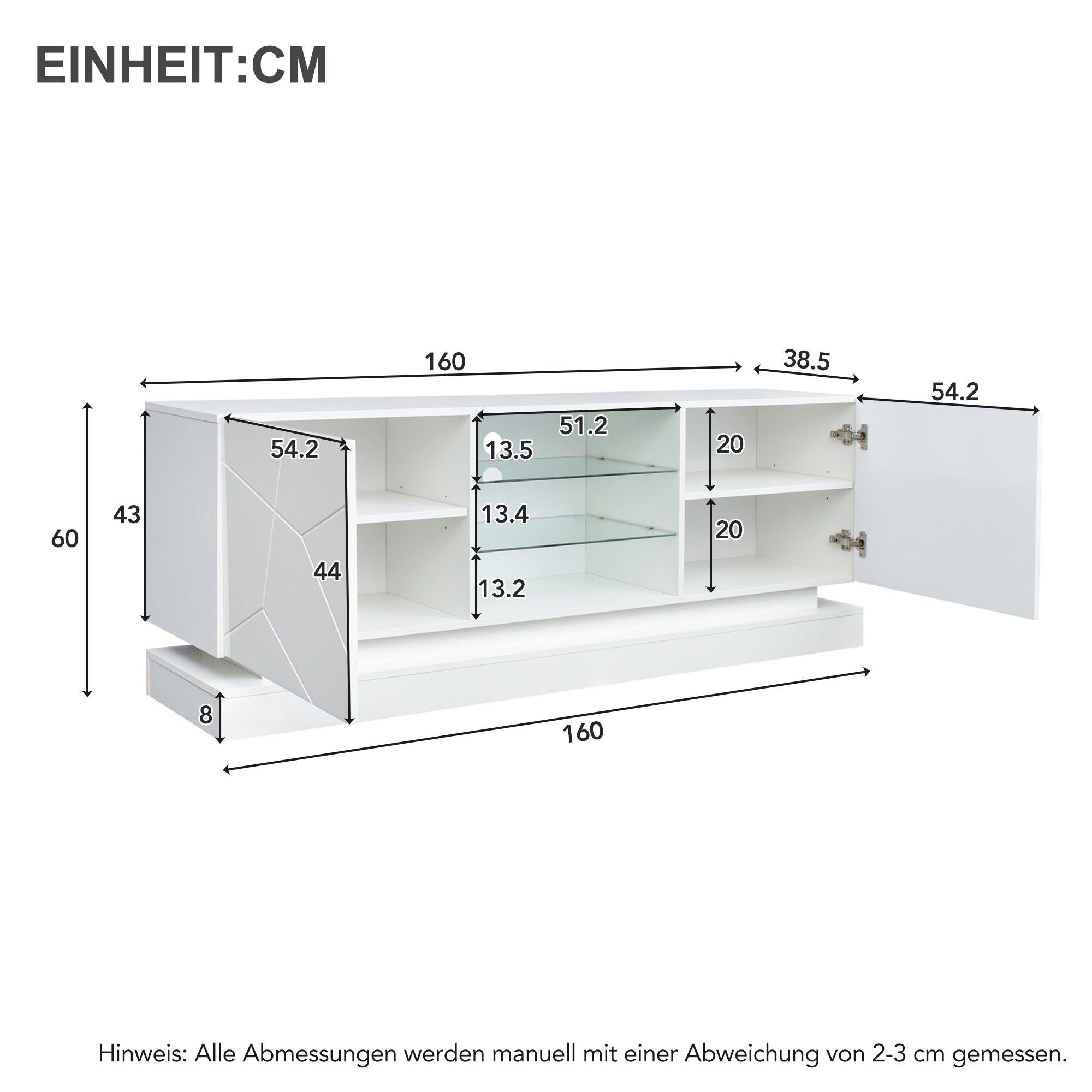 REDOM TV-Schrank (Hochglanz, mit verstellbaren Einlegeböden Hochglanz mit LED-Beleuchtung) Breite: 160cm