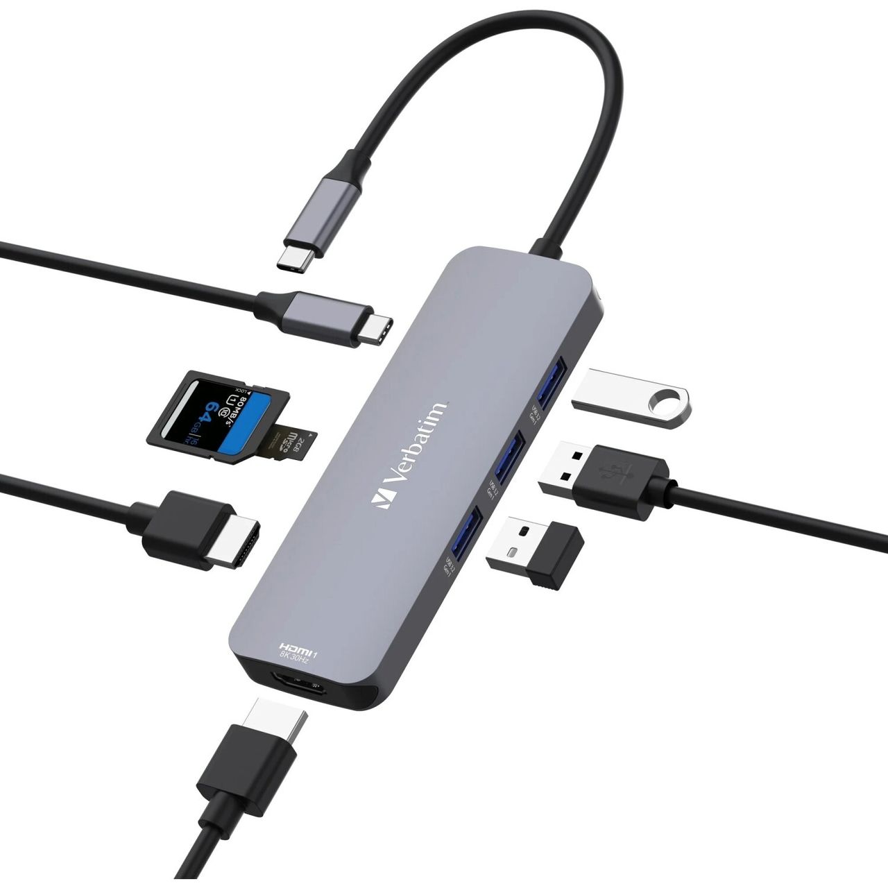 Verbatim Multiport-Hub CMH-08, 8 Port, 3x USB 3.2-A, USB 3.2-C, 2x HDMI 4K, SD, microSD, USB 3.1-C Kabel