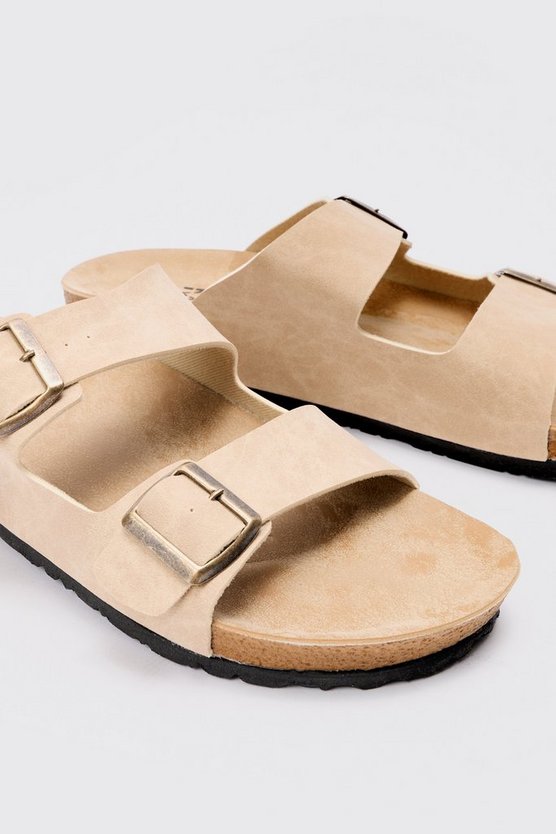 Faux Suede Double Buckle Sandals In Taupe