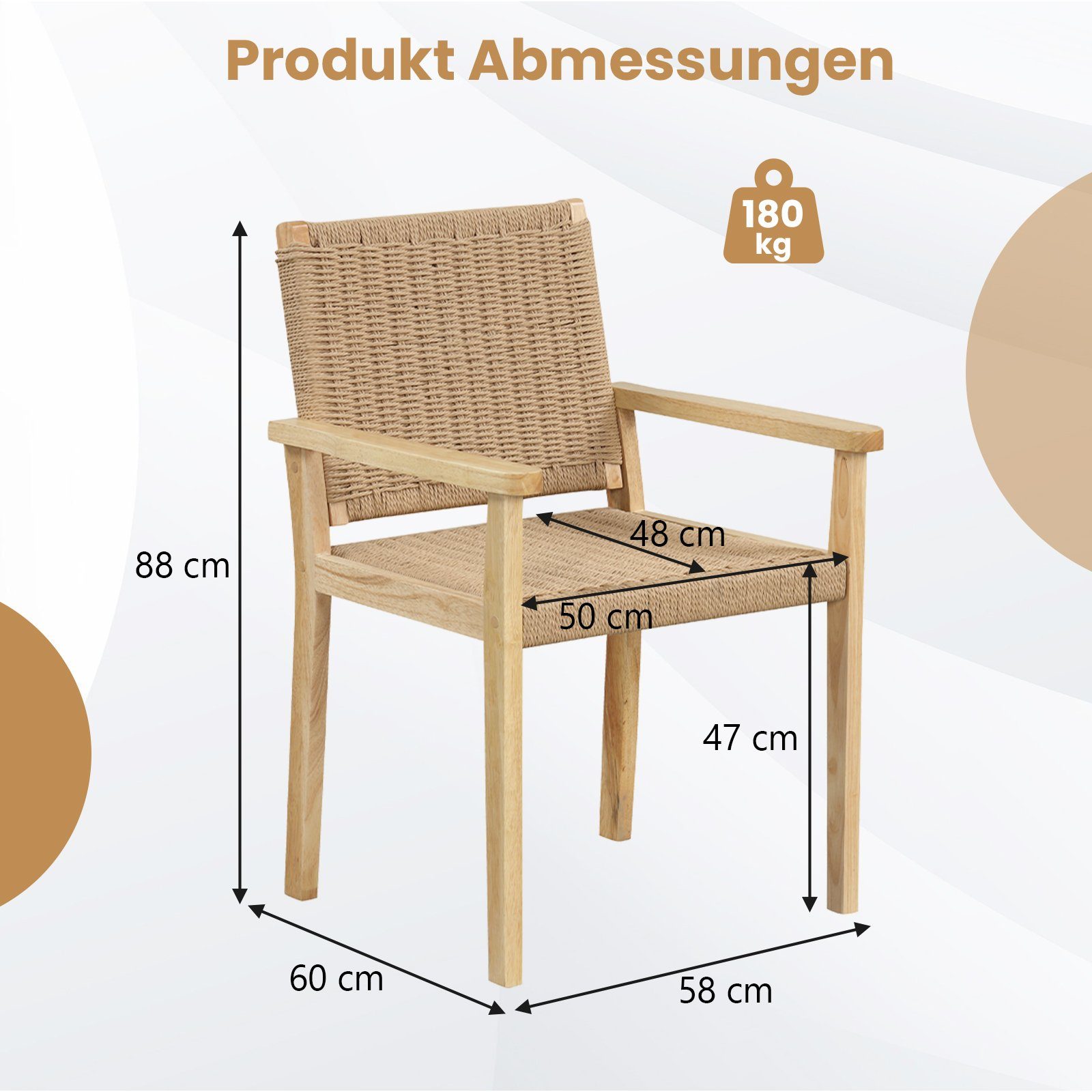 COSTWAY Gartenstuhl, Esszimmerstühle, 2er Set, mit Lehne, Holz, 180kg