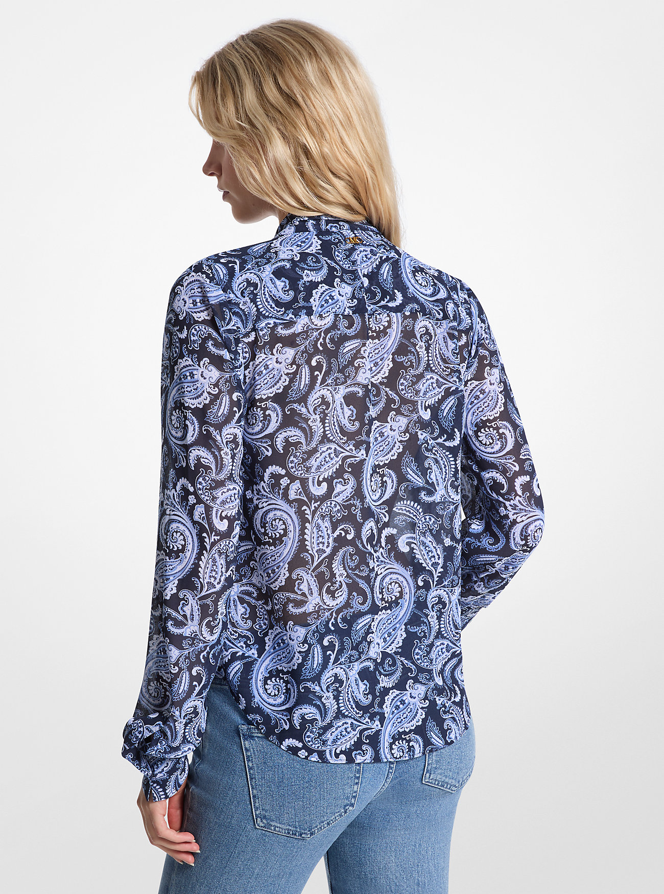 Paisley Print Georgette Tie-Neck Blouse - FRENCH BLUE