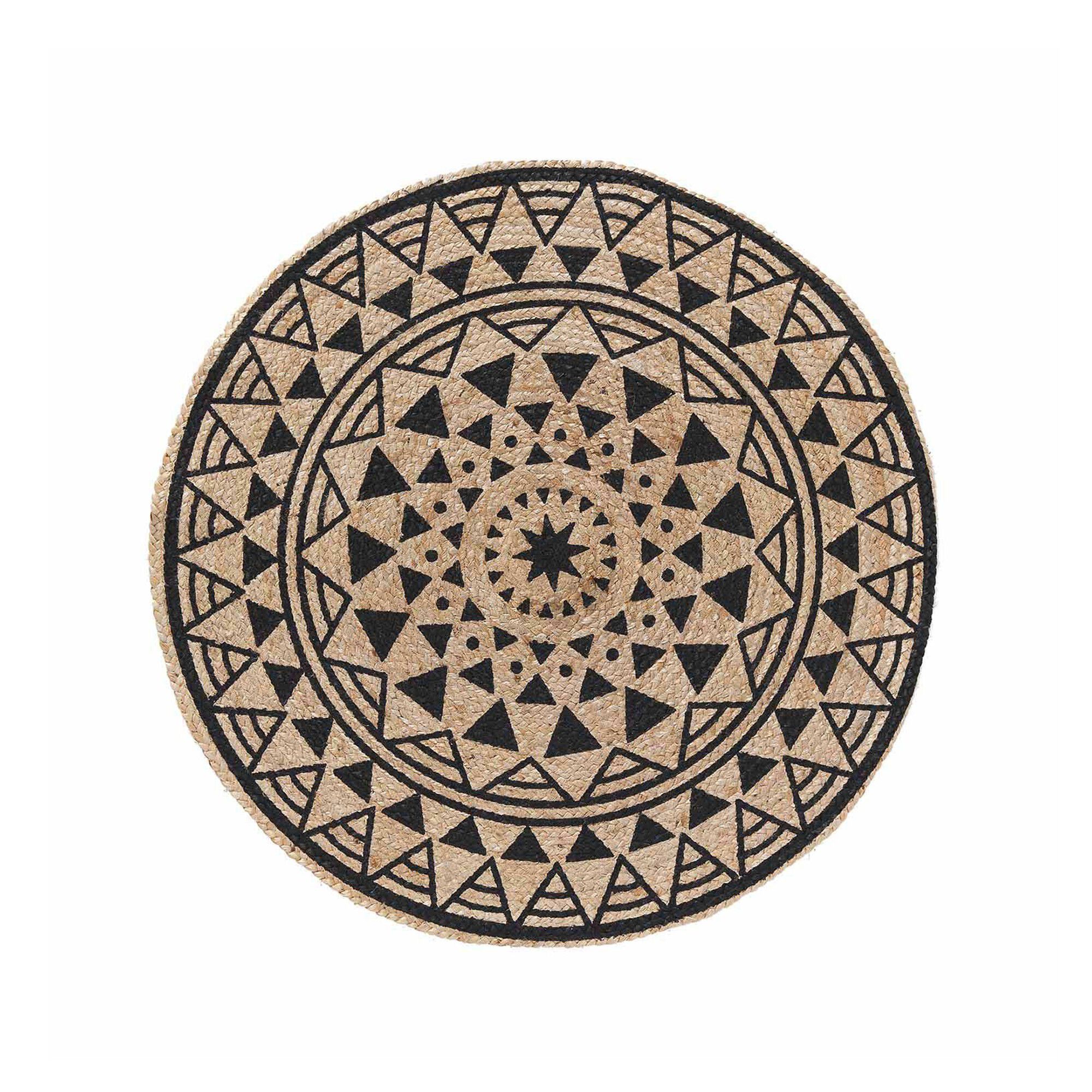Tapis rond en jute imprimé noir
