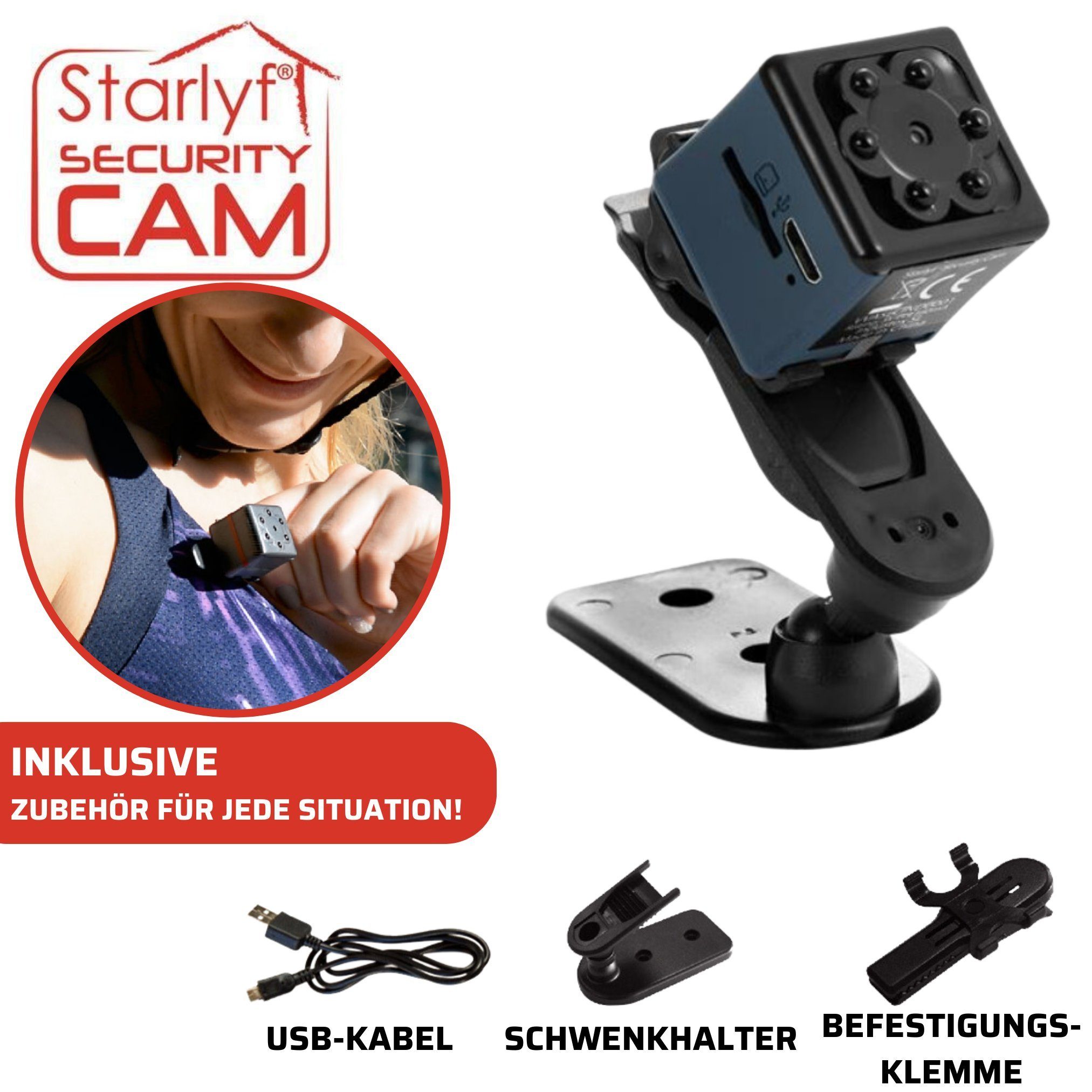 Starlyf Security Cam Überwachungskamera (Außenbereich, Innenbereich, Spar Set 1er oder 2er Pack, 1-tlg., Mini Kamera, Sport Cam, Body Cam, Mini Cam)