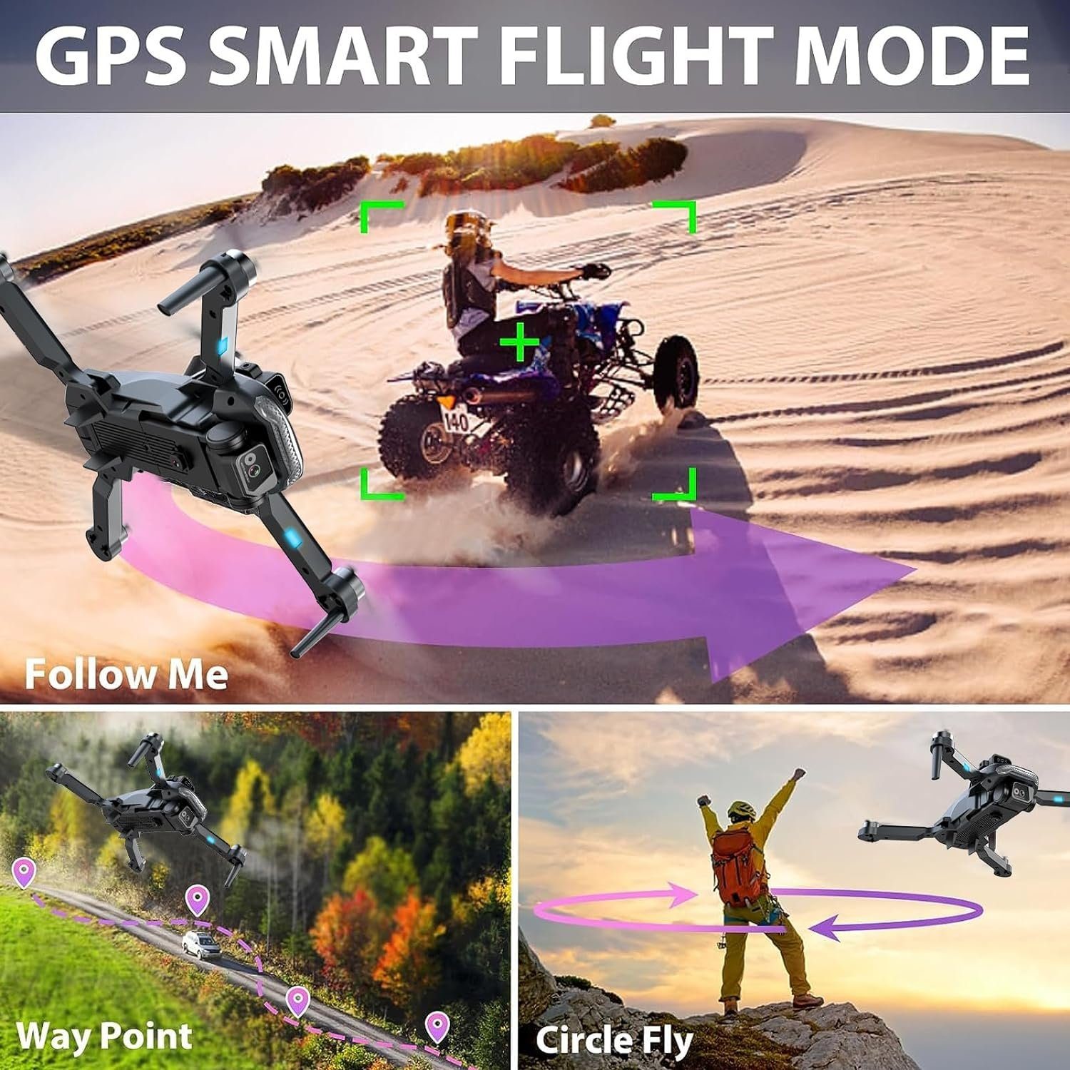 OBEST Drohne mit Einstellbarer Kamera Faltbar RC Quadrocopter GPS Drohne (4K HD, mit 360° Hindernisvermeidung, Follow-Me Drone für Anfänger Erwachsener)