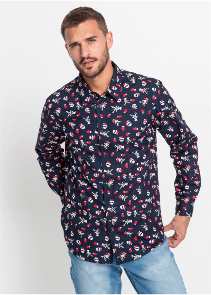 Langarmhemd mit Weihnachts-Druck, Slim Fit