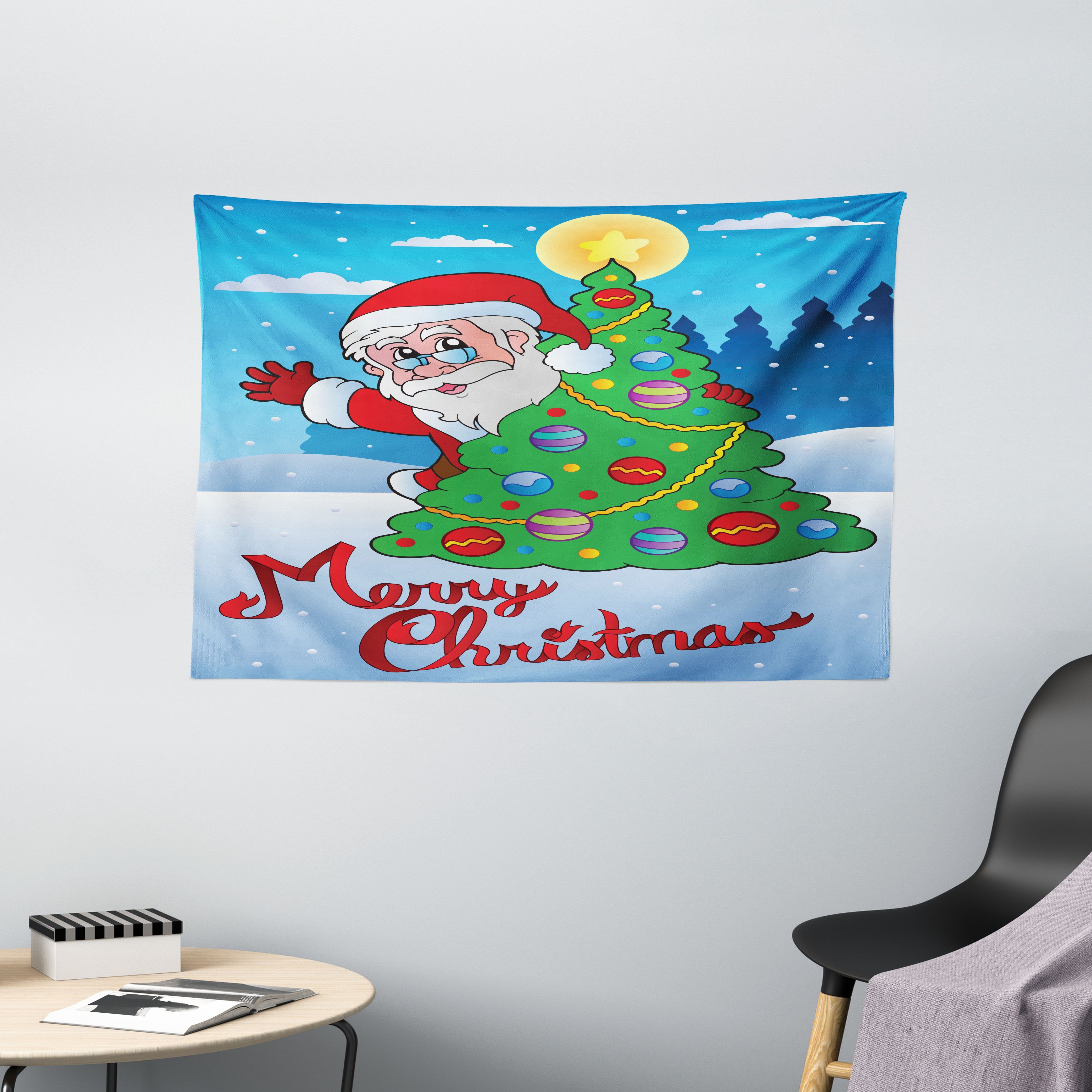 Wandteppich Wohnzimmer Schlafzimmer Wandtuch Seidiges Satin Wandteppich, Abakuhaus, rechteckig, Weihnachtsmann Baum verschneiten Wald