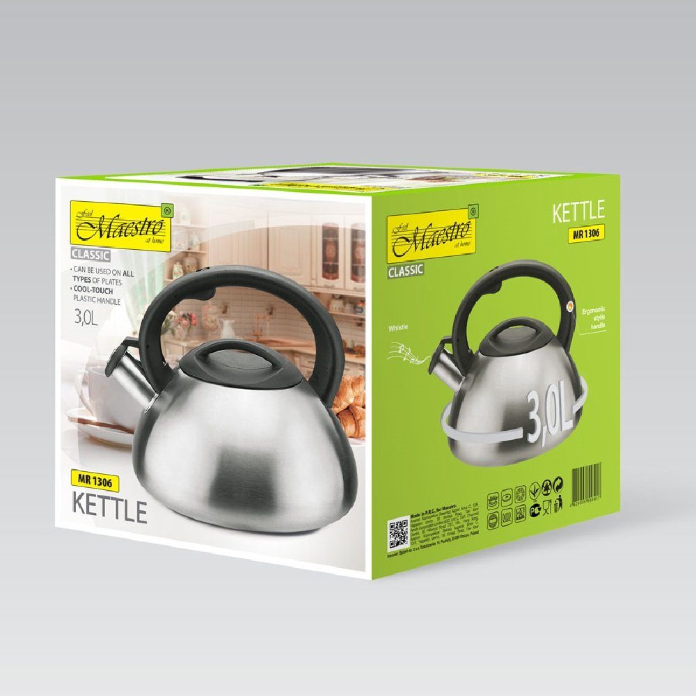 Maestro Wasserkessel MR-1306, Wasserkessel mit Deckel und Pfeifton 3L