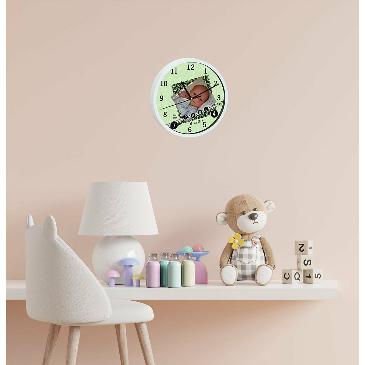 Kinder Wanduhr personalisiert mit Name Scrapbooking grün