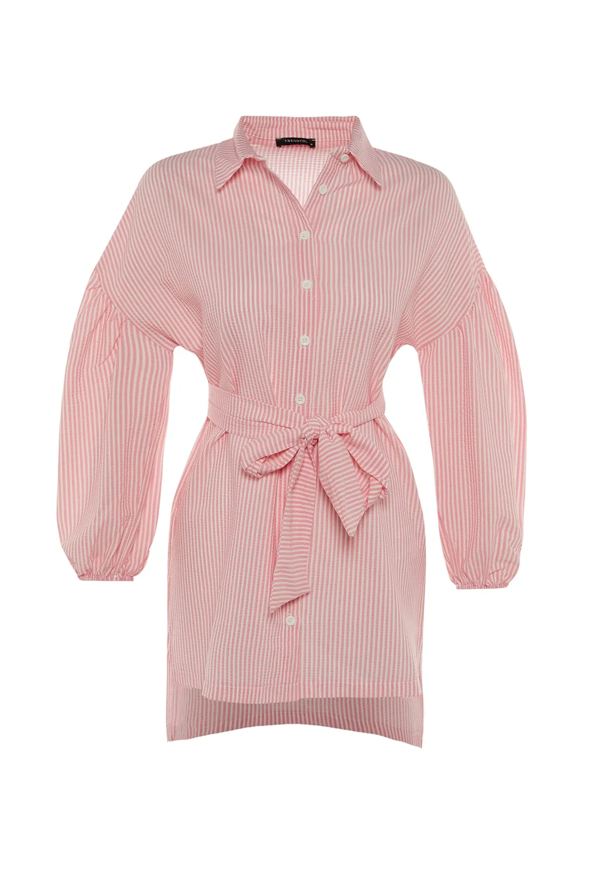 Trendyol Modest  Rosa gestreiftes, gewebtes Hemd mit Ballonärmeln und langem Rücken, Gürtel TCTSS22GO0116