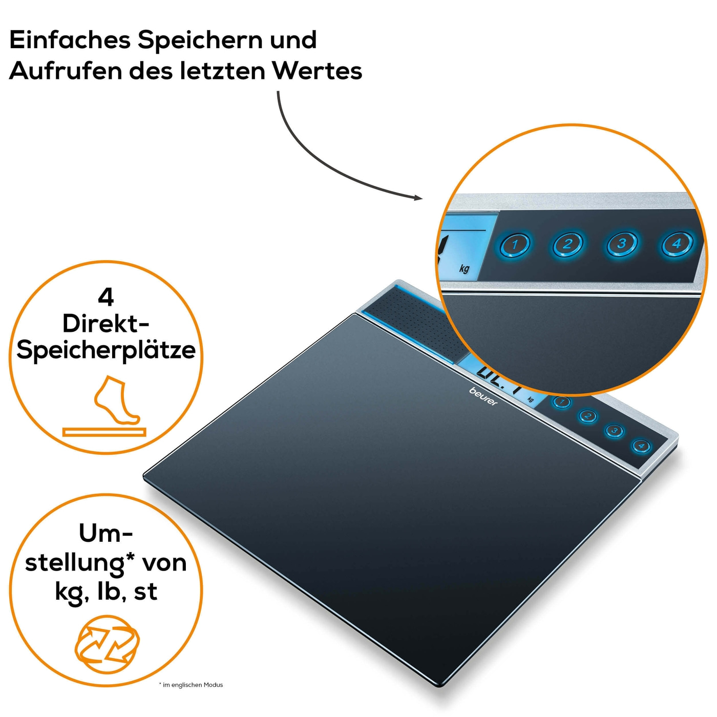 Beurer Glaswaage GS 39-Personenwaage aus Glas mit Sprachfunktion in 5 Sprachen - bis 150 kg
