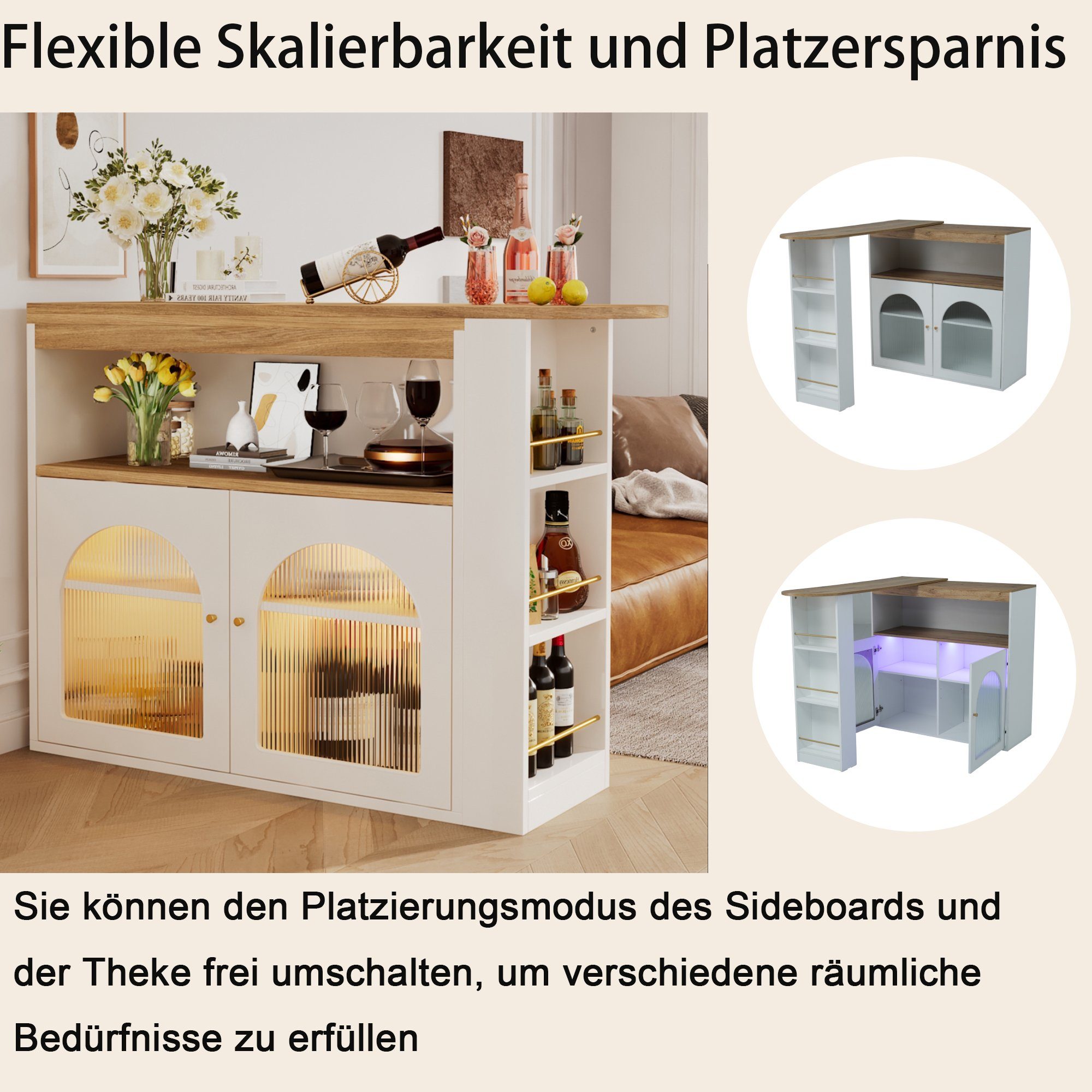OKWISH Bartisch Stehtisch Ausziehbarer Esstisch (Bunte LED-Lichtleisten Freie 360-Grad-Drehung, 1-St), mit Stauraum, für Esszimmer und Wohnzimmer