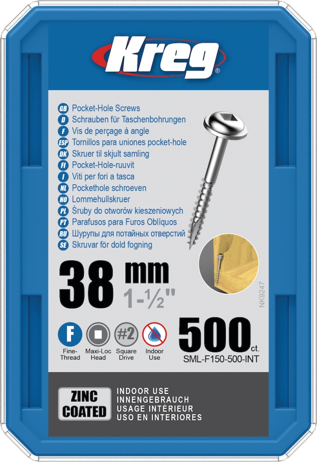 Kreg SML-F150-500-INT Pocket-Hole-skruer 38 mm Galvaniserte Maxi-Loc fine gjenger 500 stk.