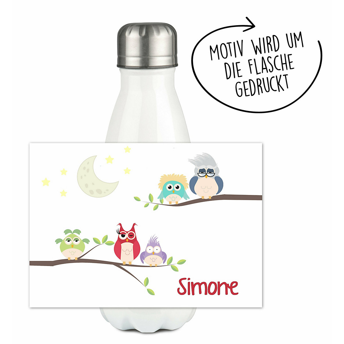 Edelstahl Kinder Thermoflasche / Trinkflasche bunt Eulenfamilie Spülmaschinenfest, Auslaufsicher, Bruchfest, Doppelwandig, Für Heißgetränke geeignet, Mit Deckel, Isoliert