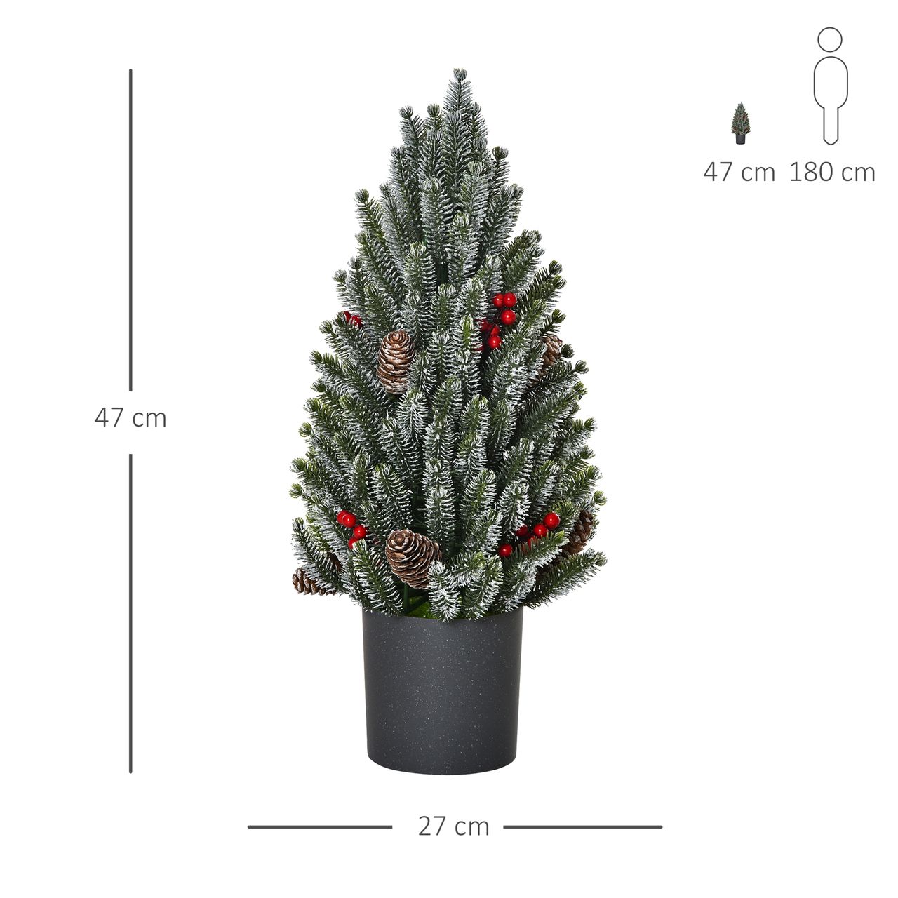HOMCOM Künstlicher Weihnachtsbaum kleiner Tisch-Christbaum 170 Äste schneebedecktes Design einfacher Aufbau Christbaum mit Kunststoffsockel Beeren Tannenzapfen PE PVC Grün Ø27 x 47 cm