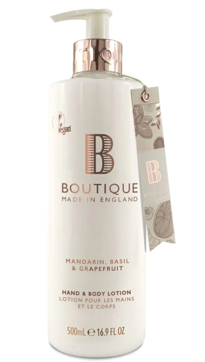 „Boutique England“ mandarinų, bazilikų ir greipfrutų rankų ir kūno balzamas 500 ml