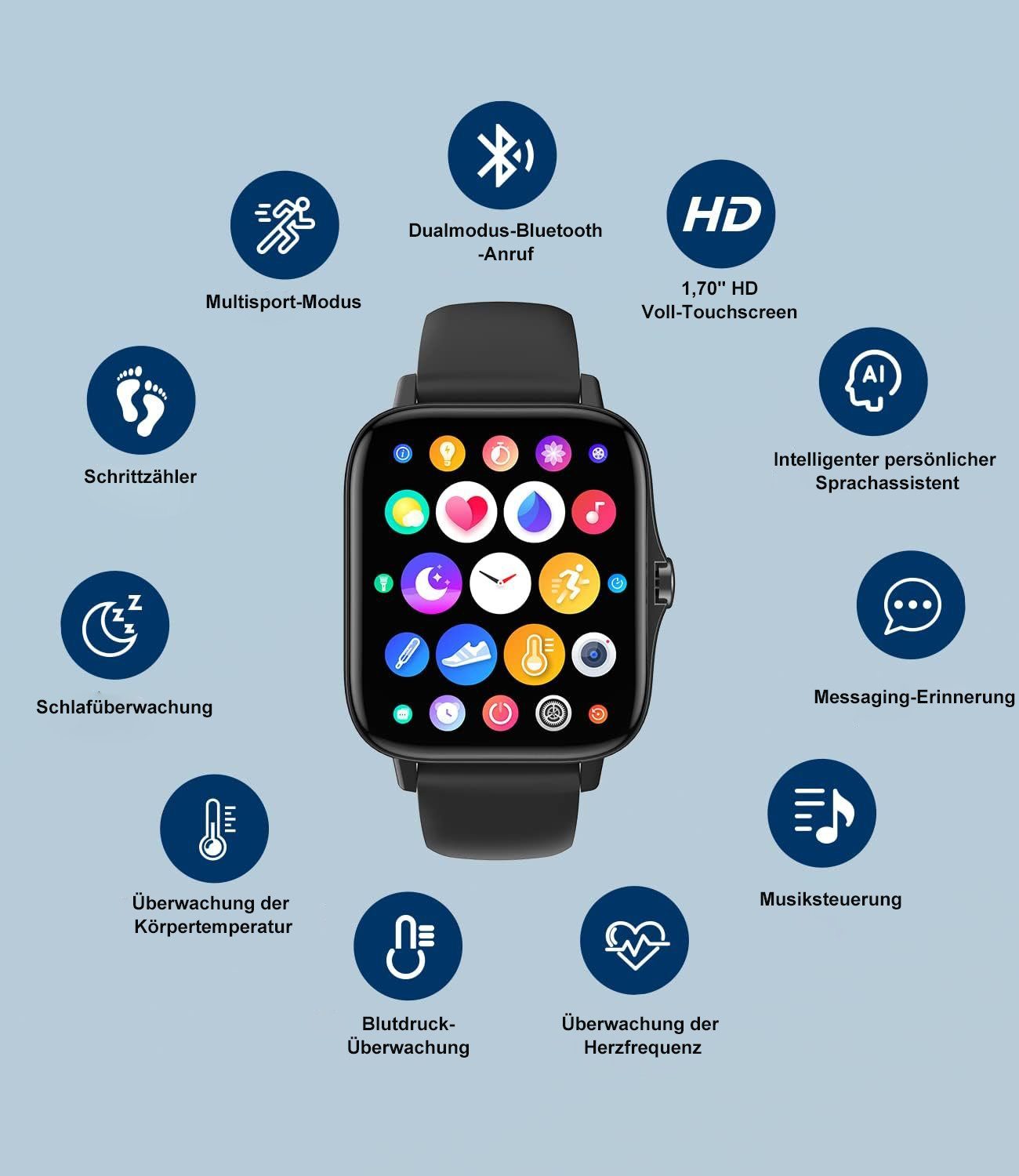 ombar Smartwatch für Damen Herren, 1,7 Zoll Touchscreen mit Bluetooth Anrufe Smartwatch (mit Herzfrequenzmonitor Schlafmonitor Schrittzähler, Sportuhr für iOS Android cm/1,7 Zoll), IP67 Wasserdicht Fitnessuhr