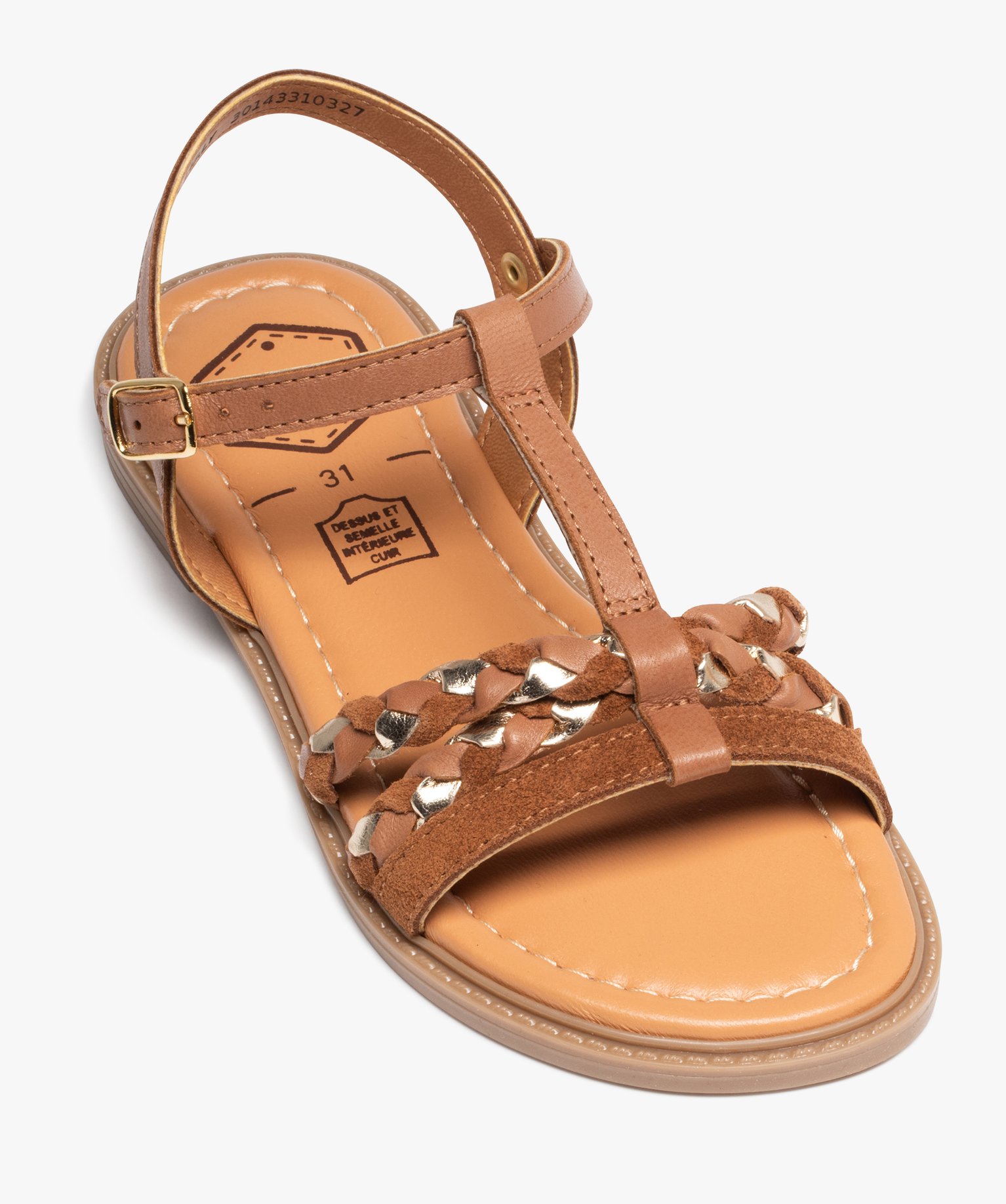 Sandales fille plates à brides en cuir contrastées camel | GEMO