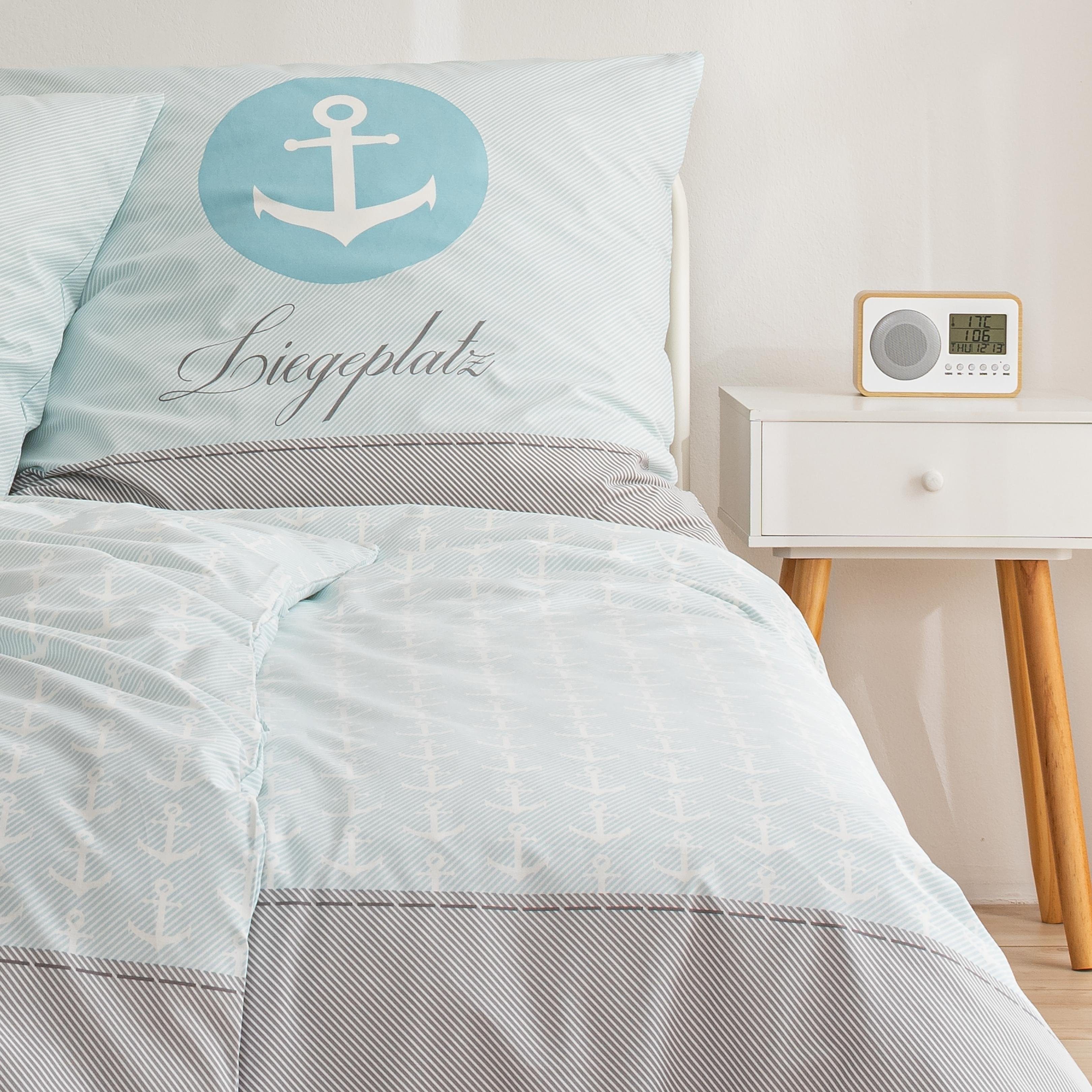 Bettwäsche Liegeplatz Anker 135x200 + 80x80 cm, 100 % Baumwolle, MTOnlinehandel, Biber, 4 teilig, maritime, gestreifte Bettwäsche. Ideal als Partnerbettwäsche