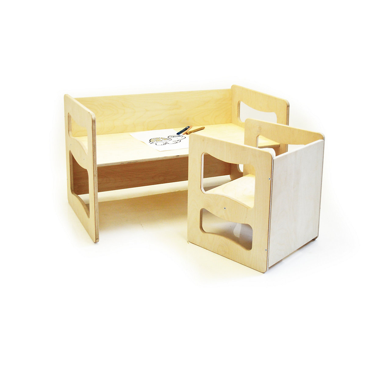 3 in1 multifunktionales Wendemöbel Set, Kindertischgruppe, Kindertisch und Hocker nach Montessori Art, Kindermöbel Sitzbank Kinderstuhl,  Kinderschreibtisch, Wendetisch, Wendestuhl