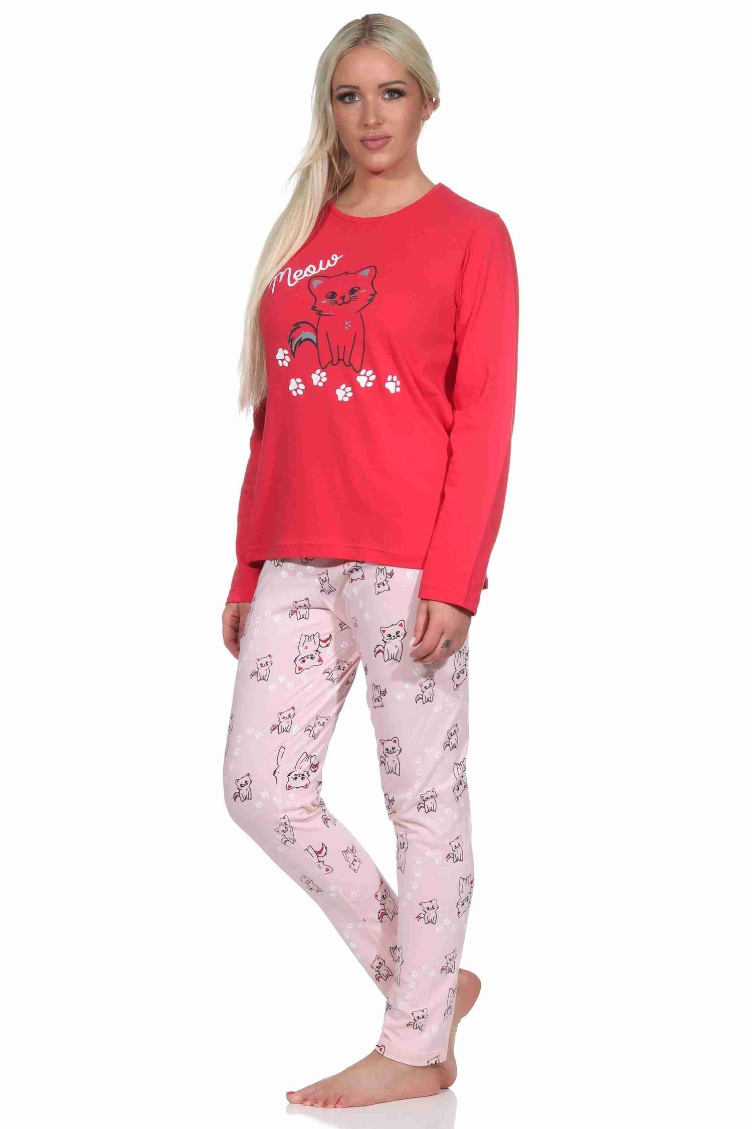 Normann Pyjama Süsser Damen Schlafanzug lang Pyjama mit Katzen - Motiv