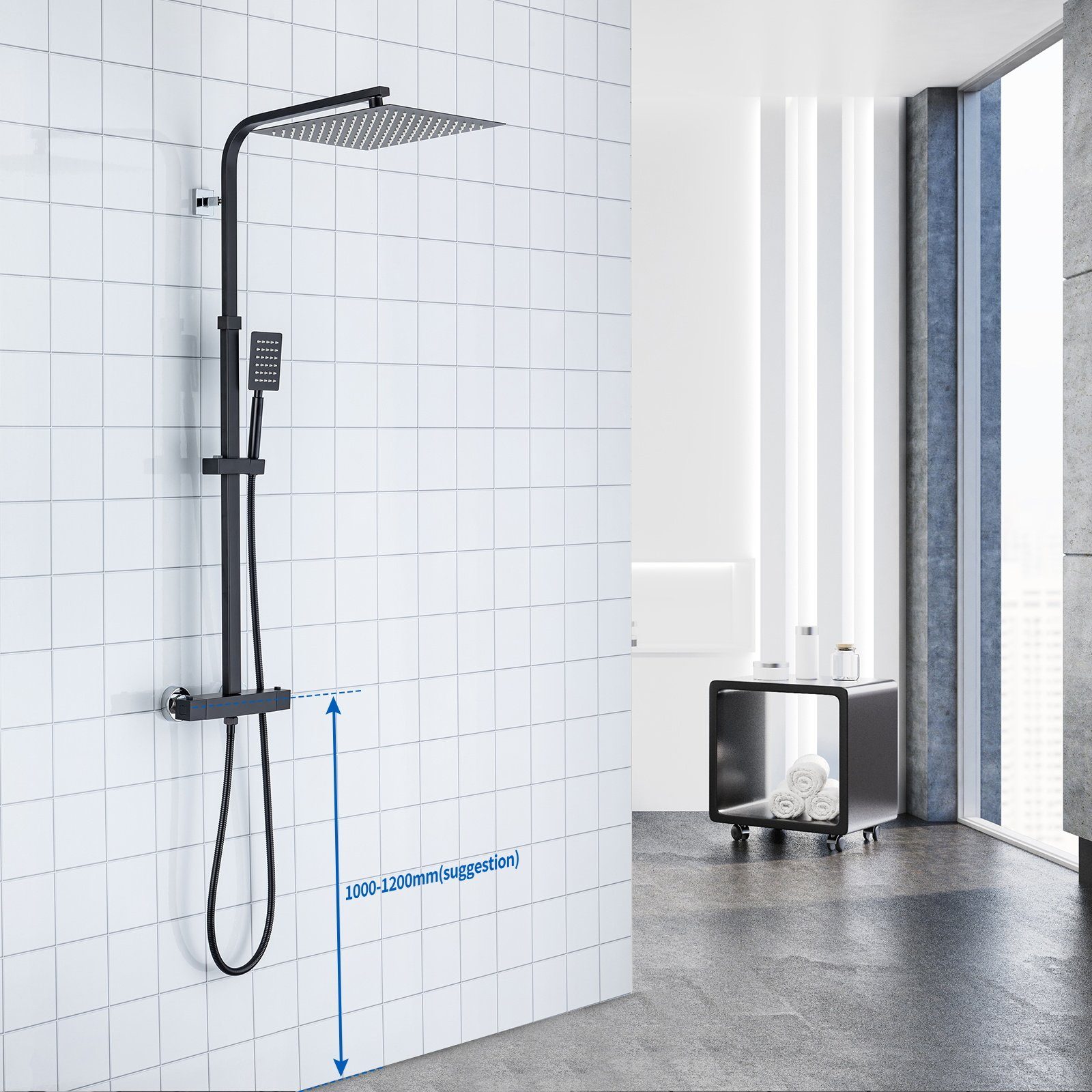 Auralum Duschsystem mit Thermostat Duscharmatur Regendusche Massage Duschset Handbrause, Regendusche Höhenverstellbar, Anti-Verbrühung-Duschsystem, Schwarz